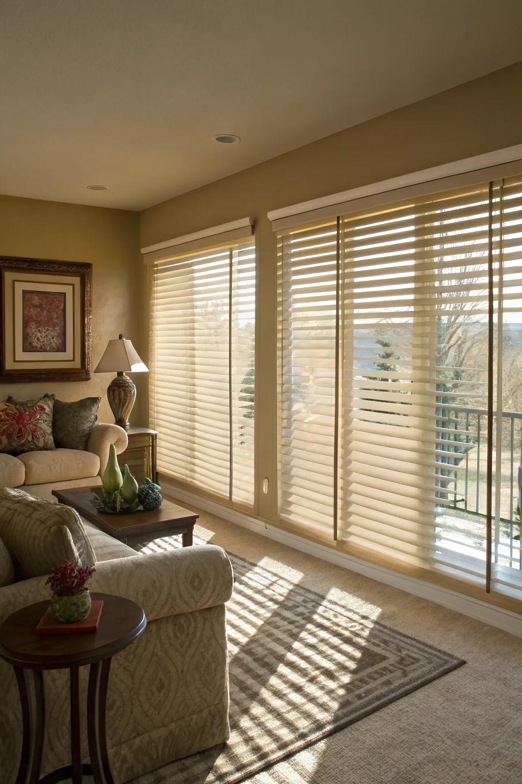 Venetian blinds offering privacy and security in a living room.