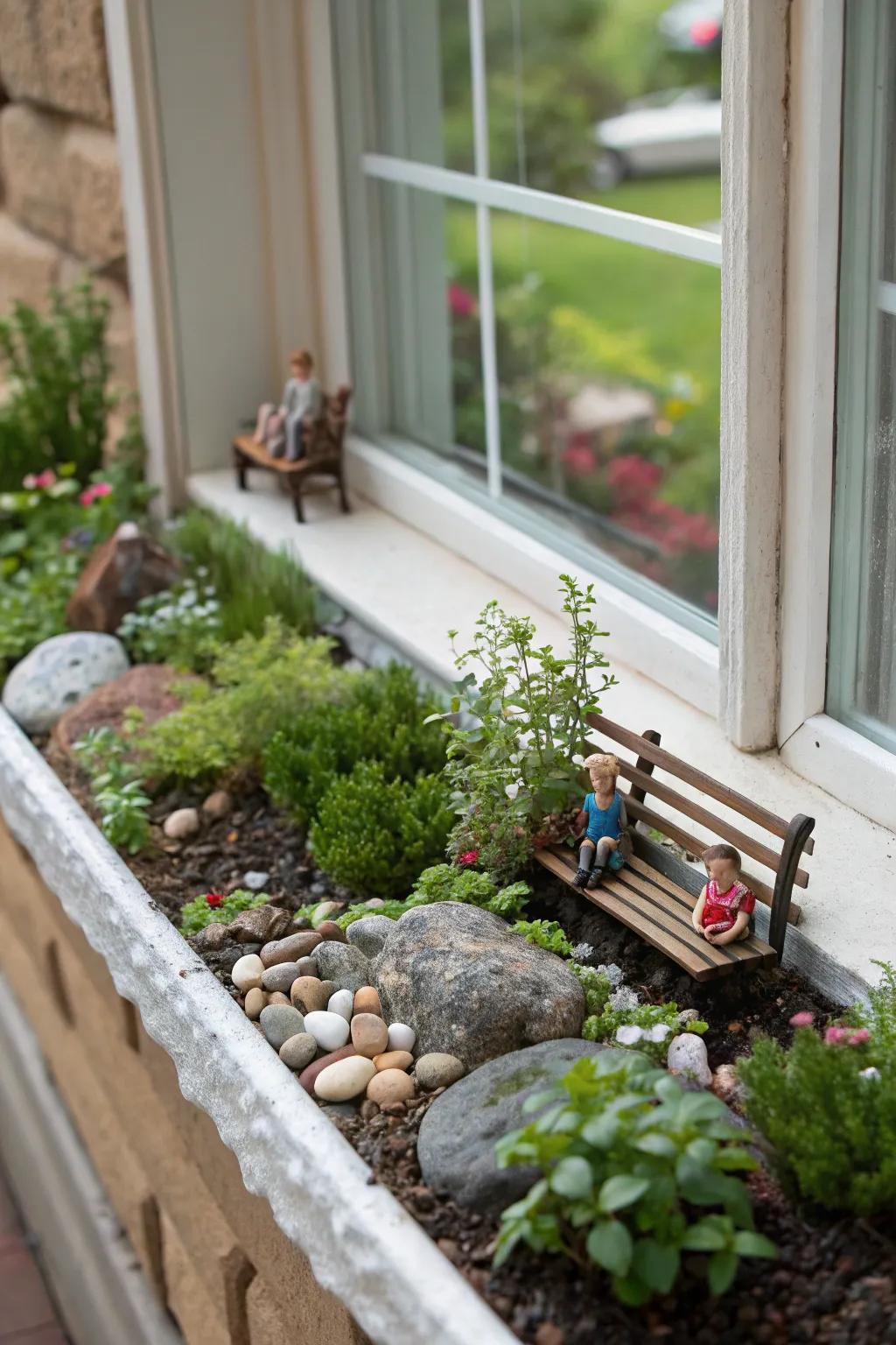 A quirky scaled-down garden view in a window box