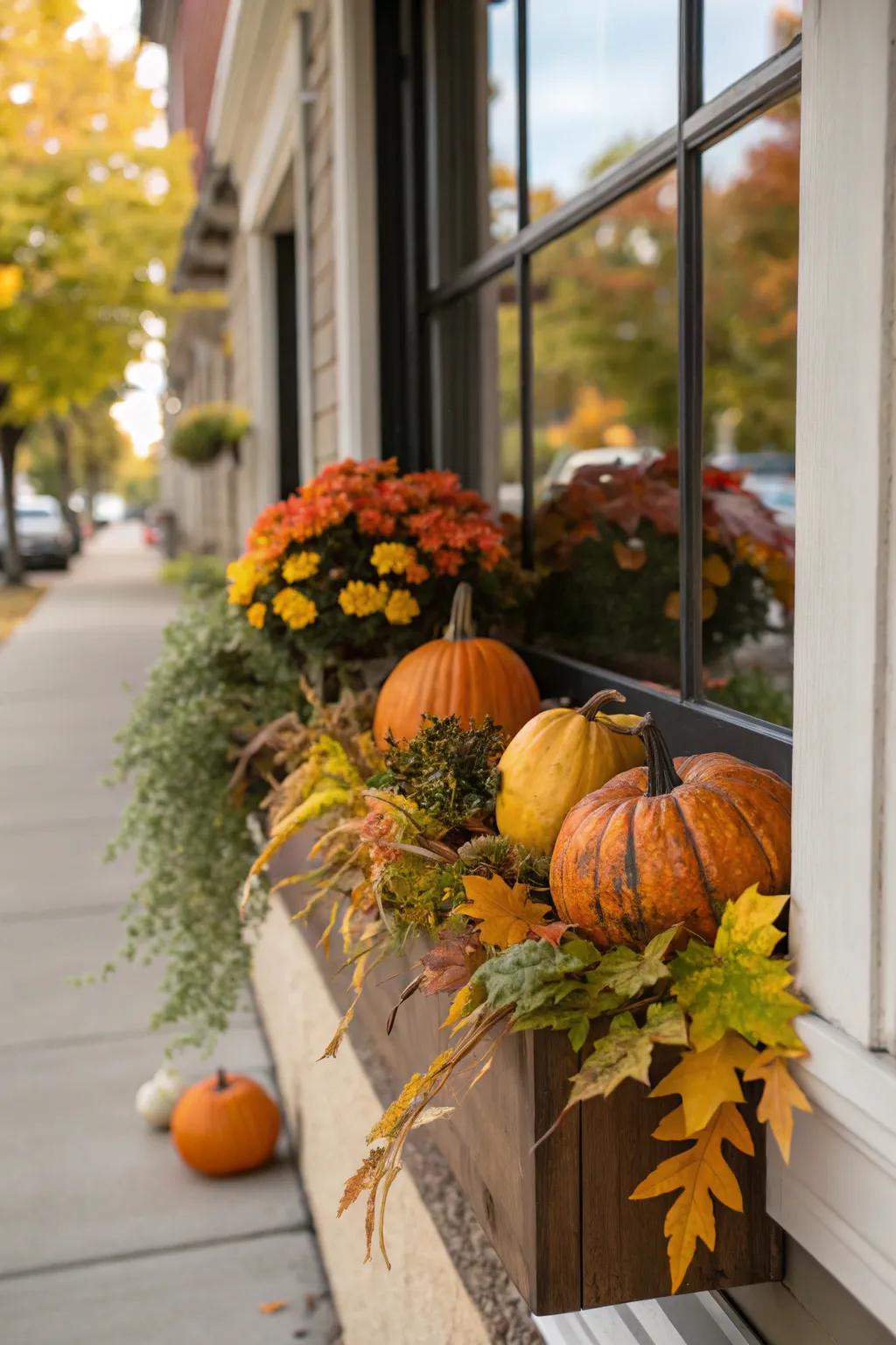 A planter box decorated with cucurbits for fall.