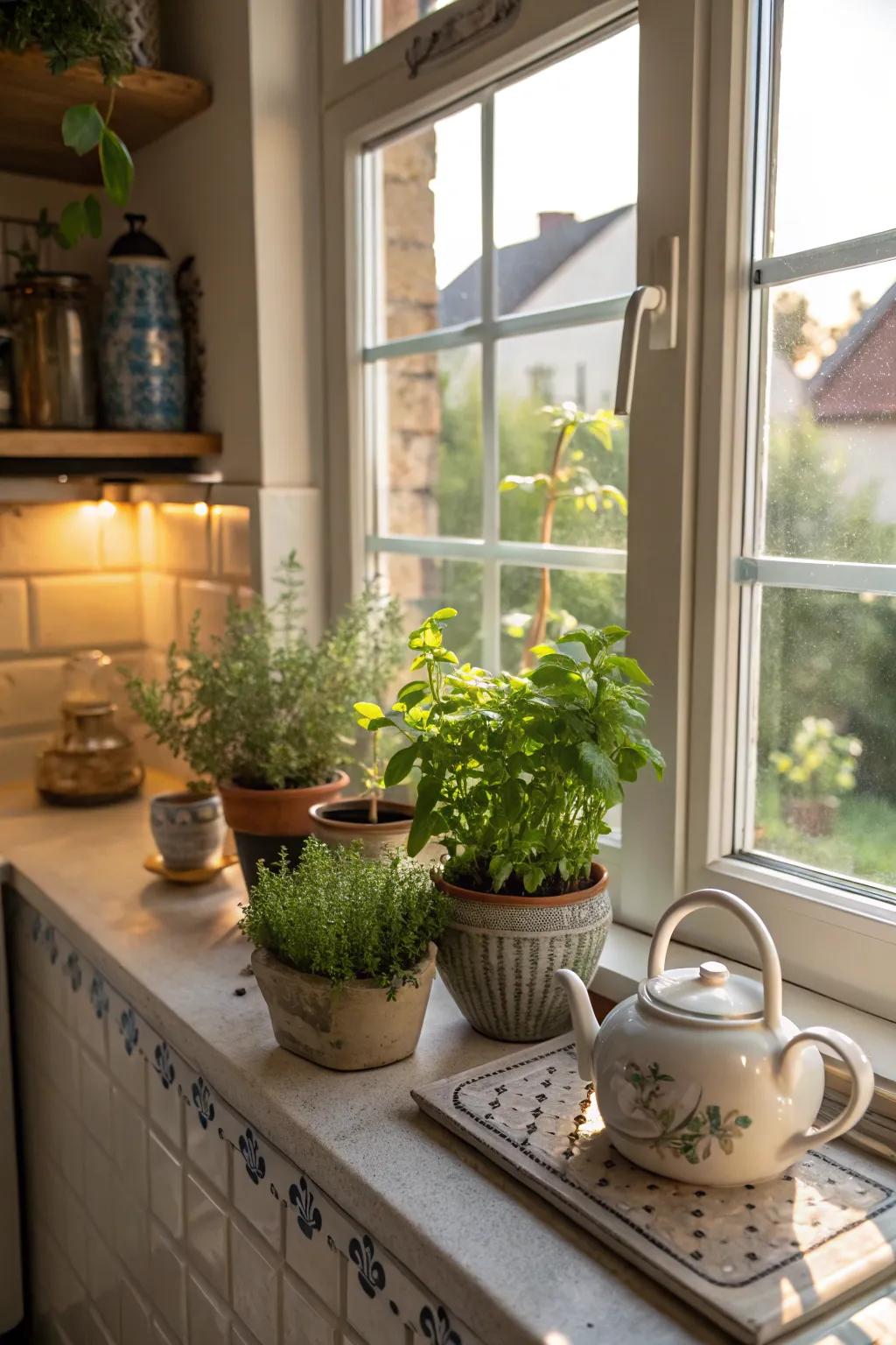Blend beauty and function in your kitchen windows with small potted herbs.