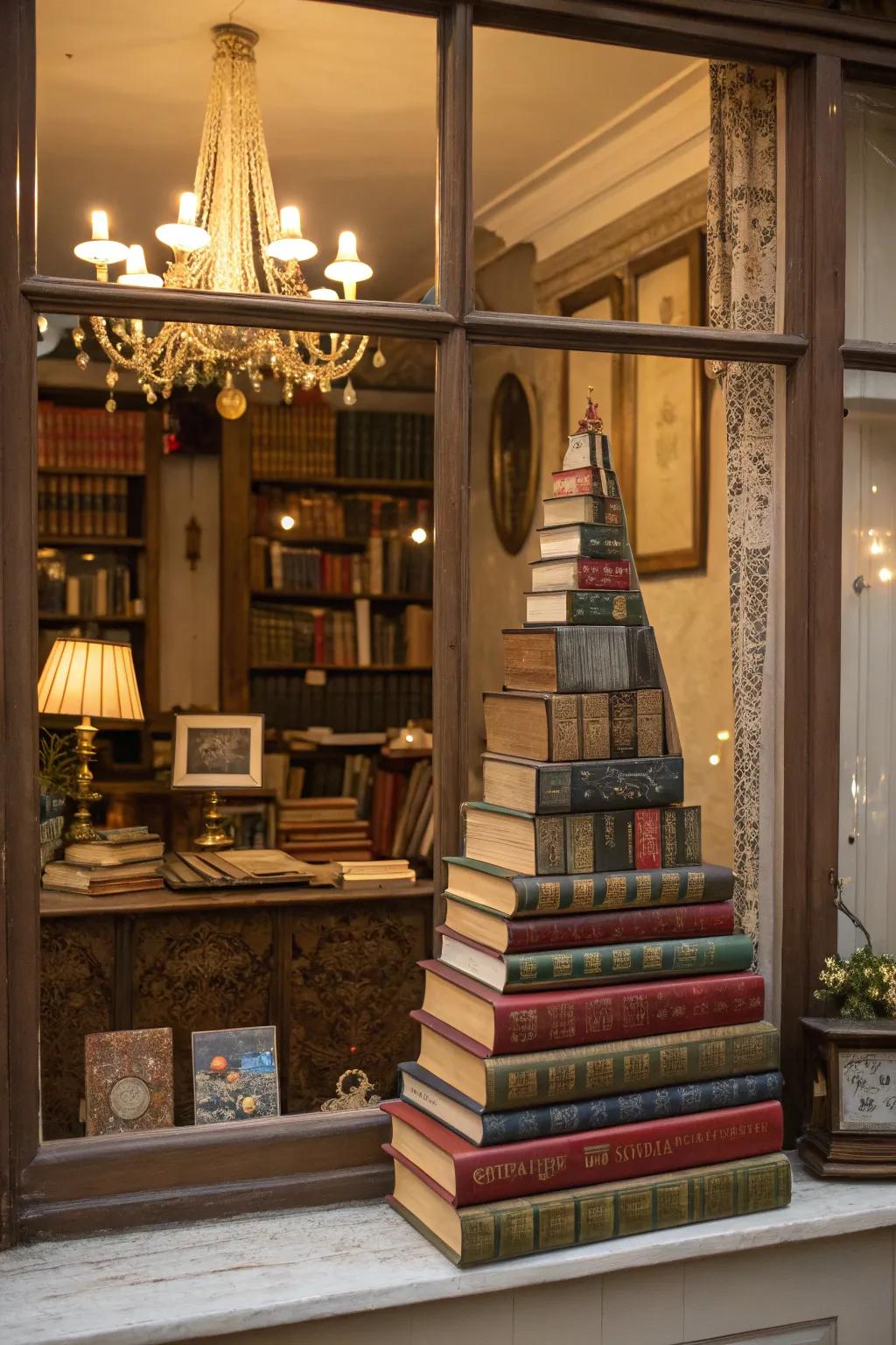 A creative display of antique books adds charm and nostalgia.