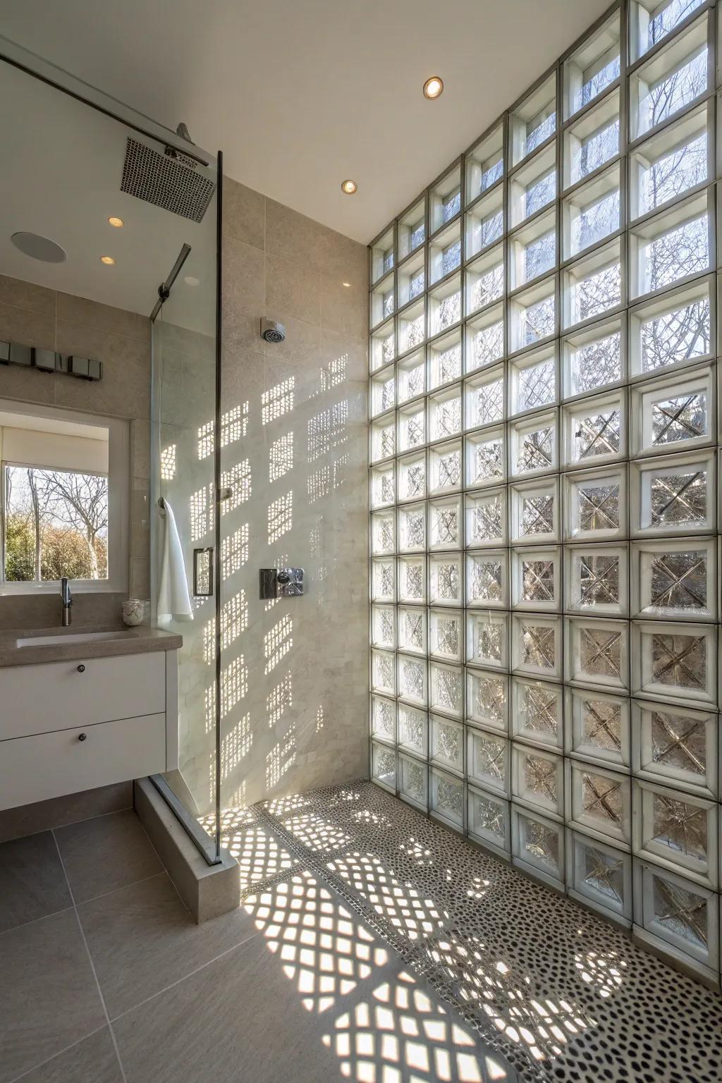 Glass tiles produce a textured partition that allows light while guaranteeing privacy.