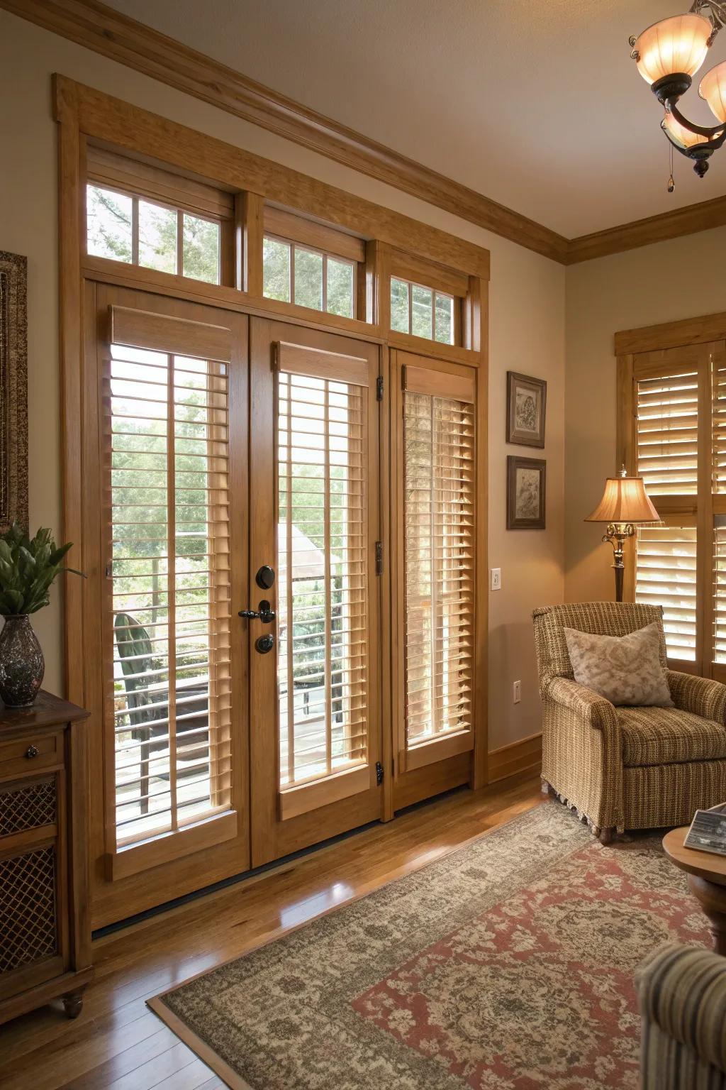 Wooden blinds convey timeless sophistication to French doors.