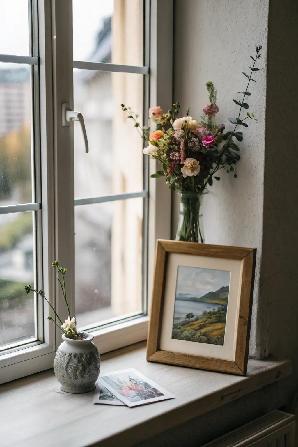 Art upon the windowsill integrates a personal and inventive flair.