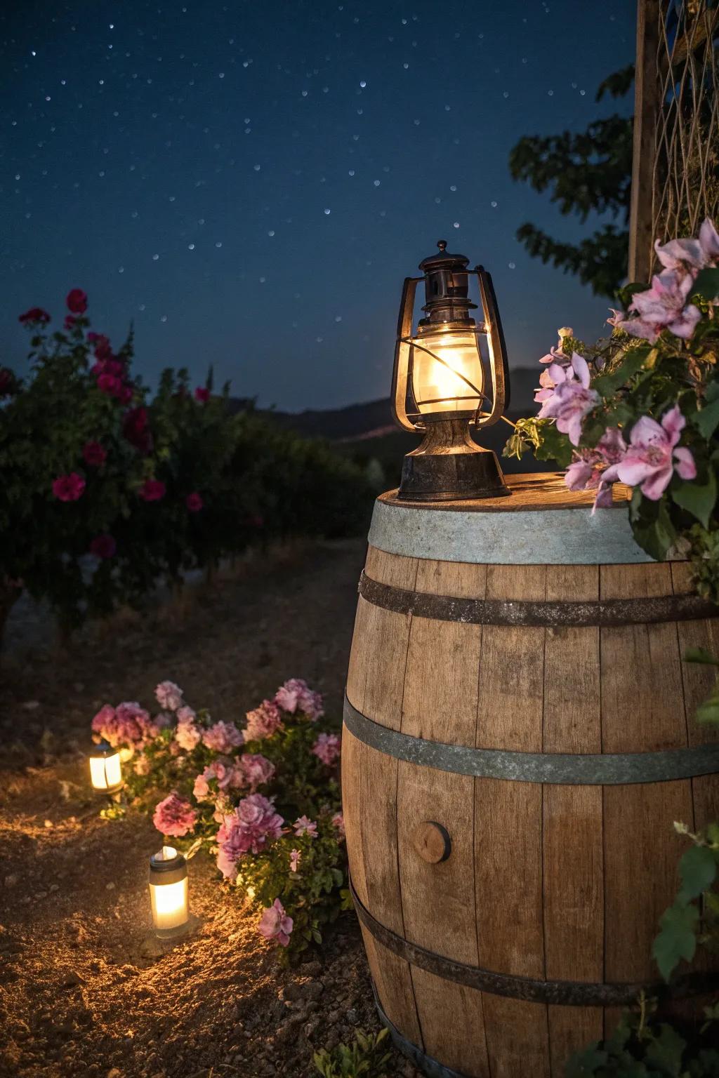 A wine barrel and lantern crafting a magical garden setting.