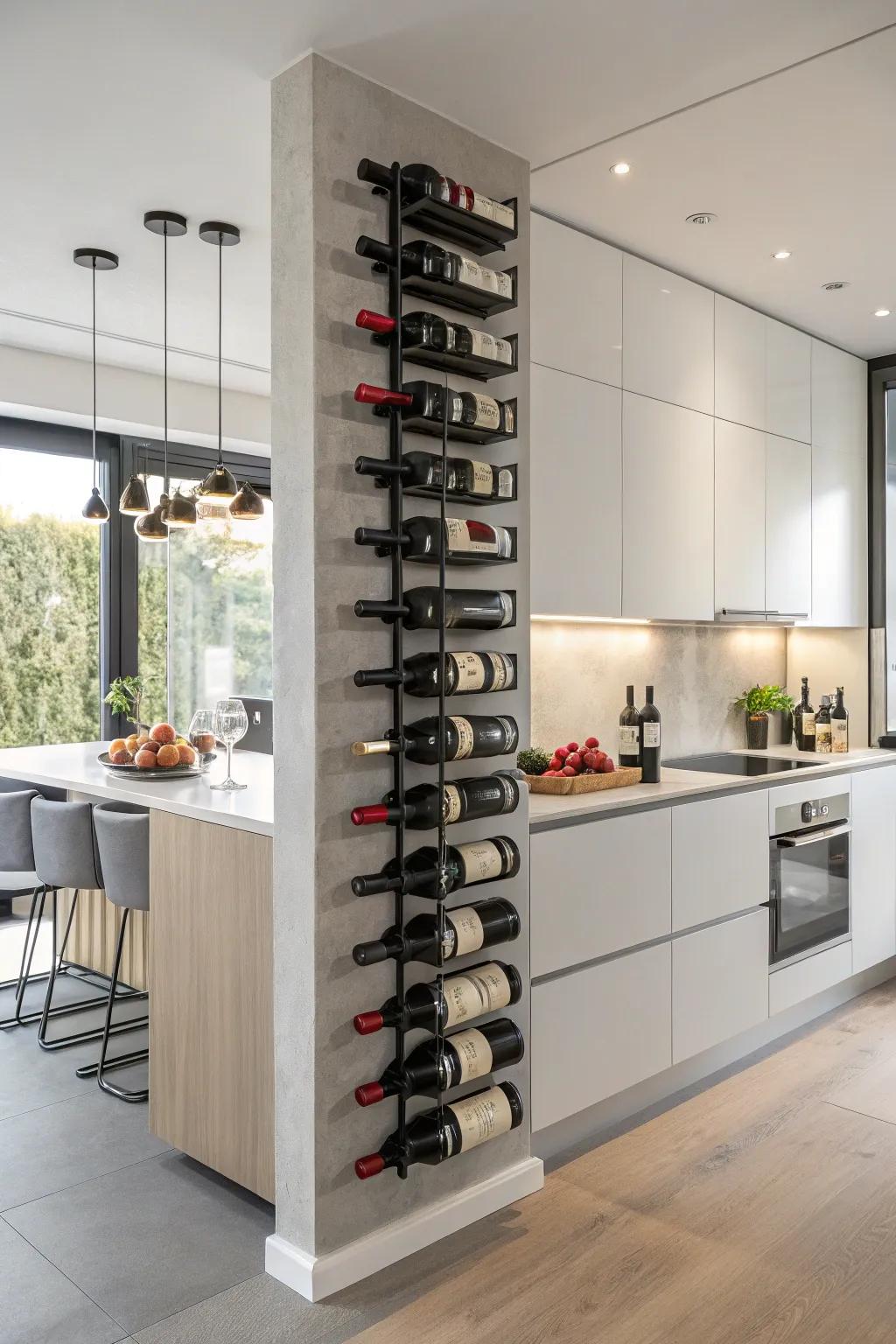 A refined vertical wine rack affixed to a wall in a modern culinary space.