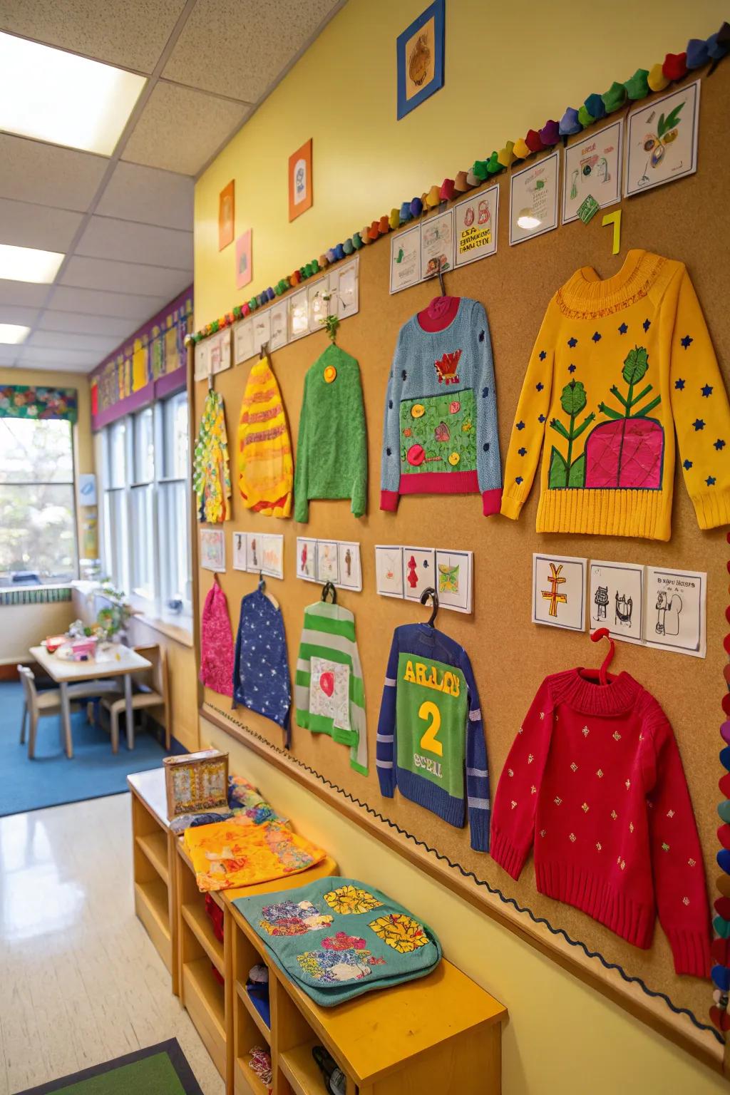 Children's pullover designs create a cozy bulletin board.
