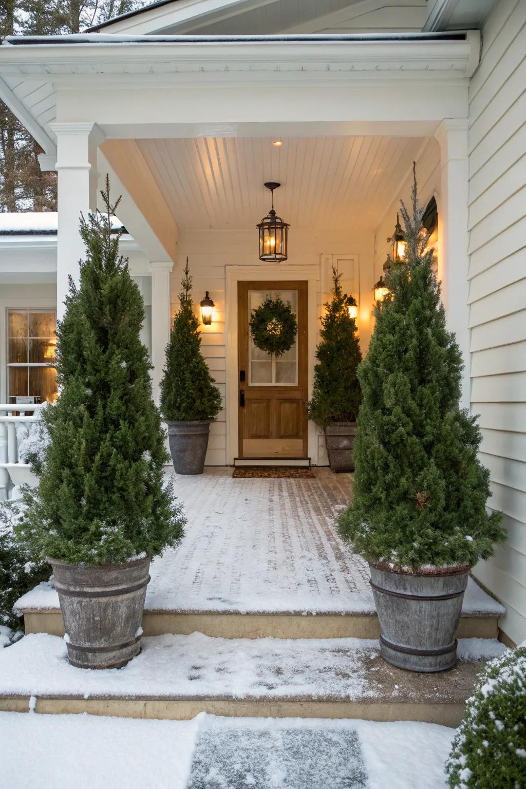 Bottled evergreen plants contribute rich verdancy to this winter porch.