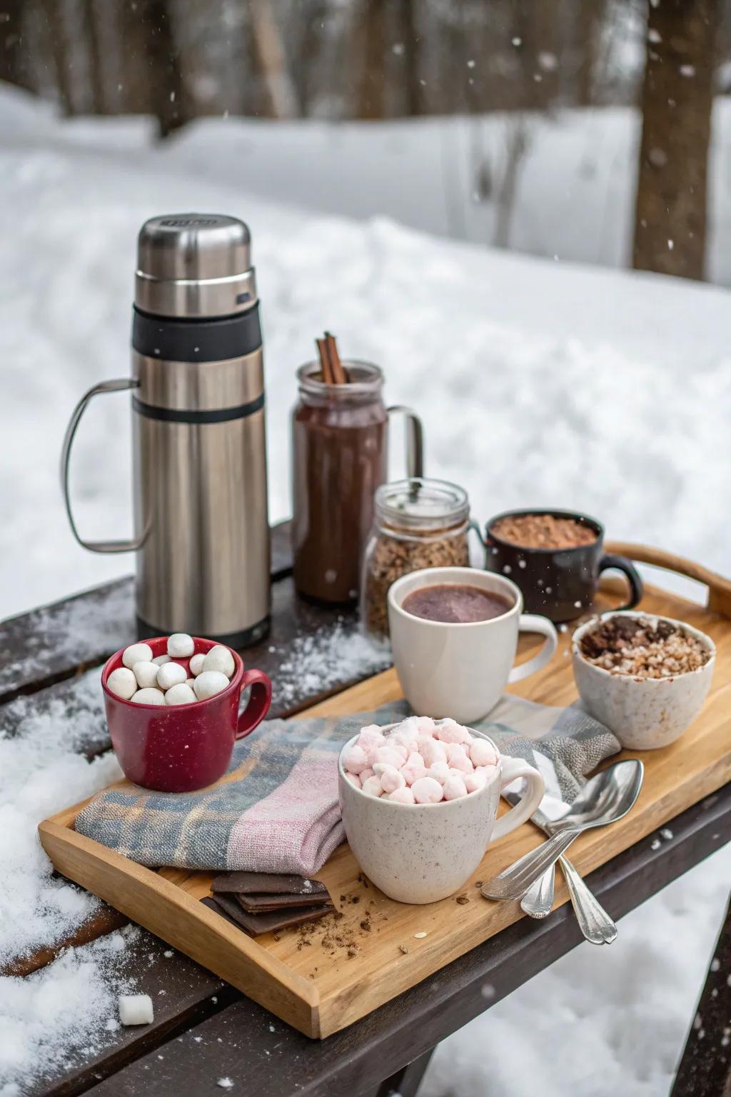 Set up a comforting hot chocolate station for your winter picnic.