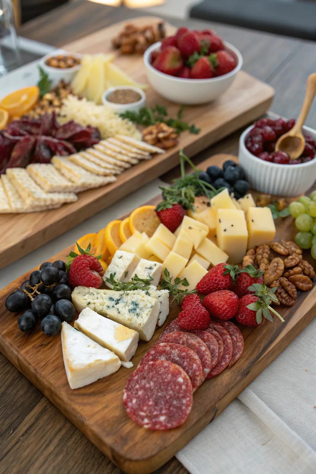 Offer style using a grain plank charcuterie arrangement.