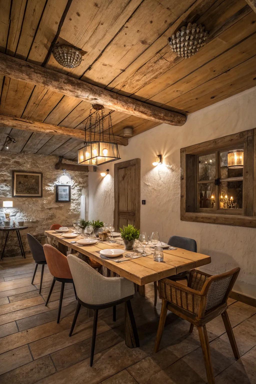 Recycled wood ceilings narrate a tale.