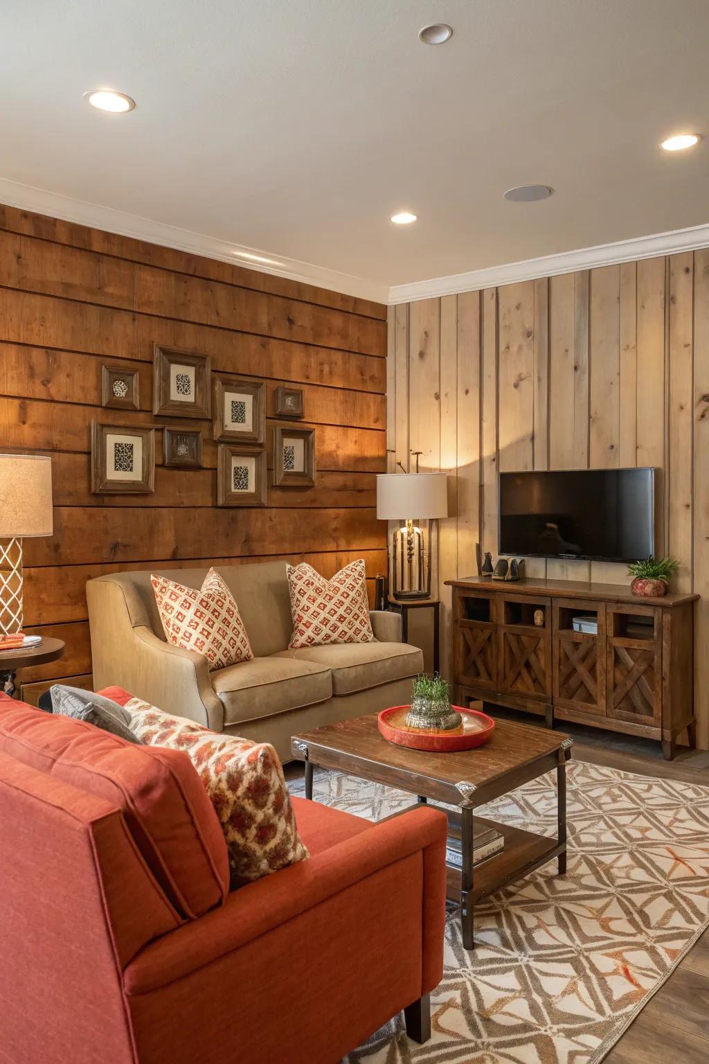 A wood focus partition adding warmth and dimension to the living space