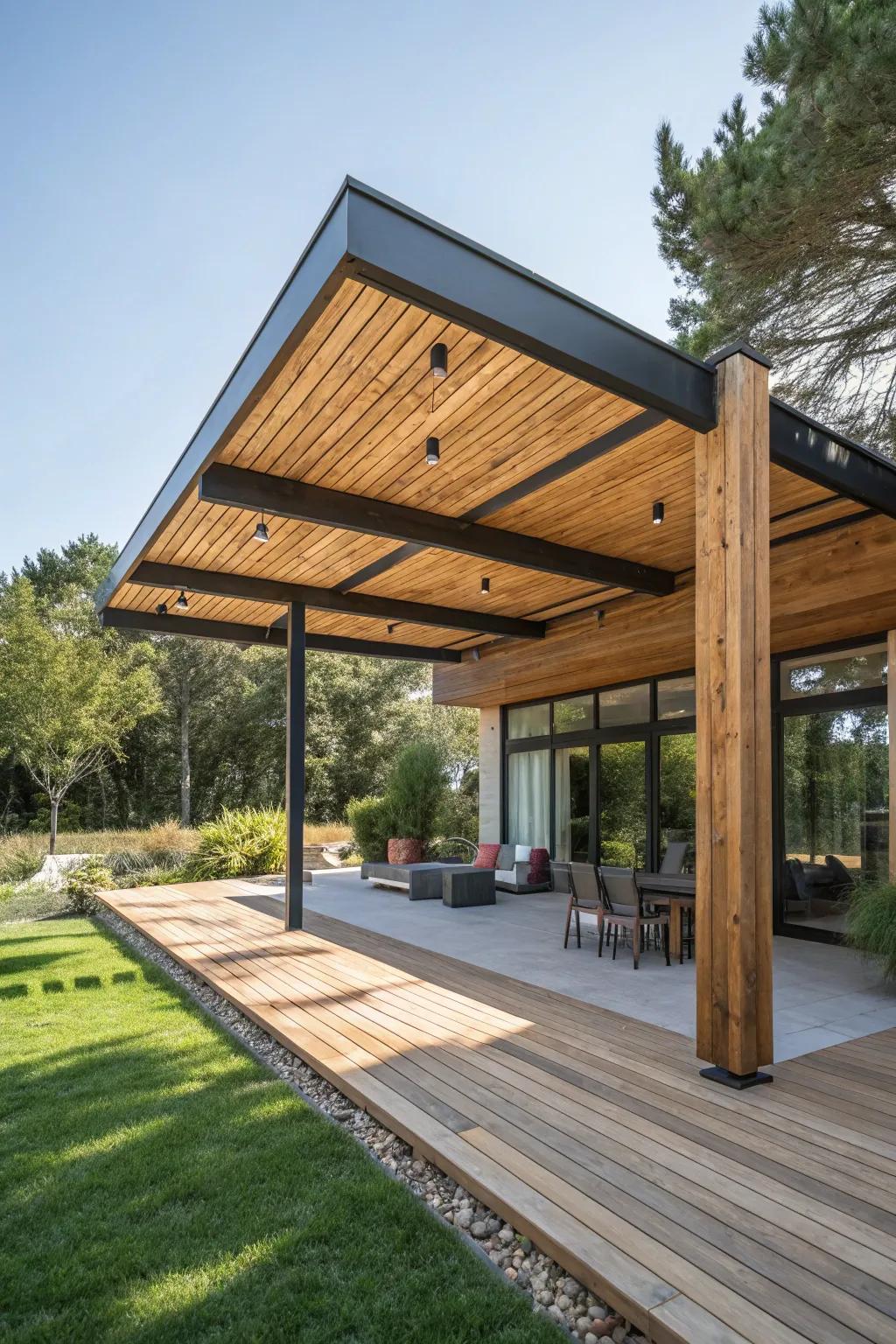 A sophisticated mix of contemporary and rustic features in a patio shelter.