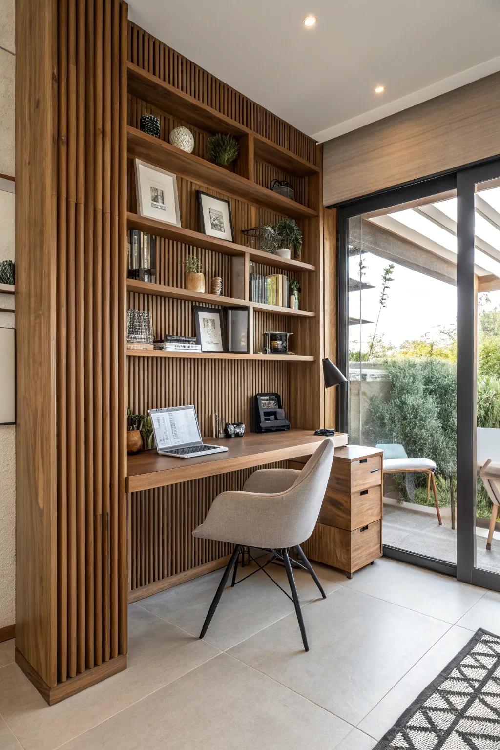 Practical and stylish: wood slat wall with integrated shelves.