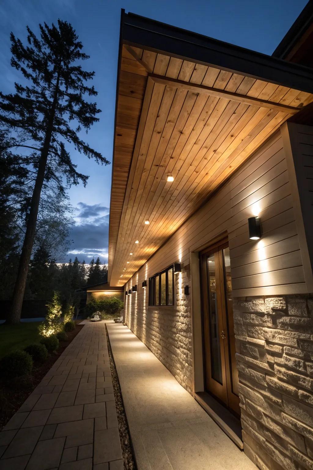 Built-in sparkle in wood soffits fashions a bewitching nighttime spectacle.