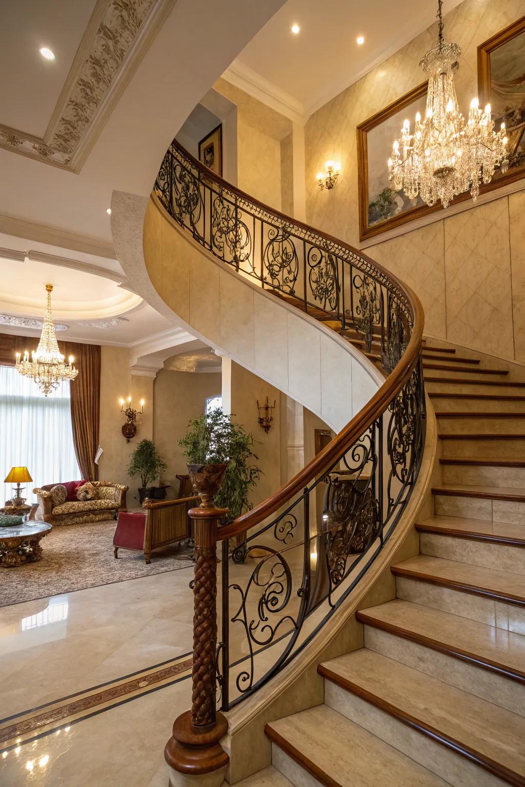 Glamorous panache: Art Deco wood railing.