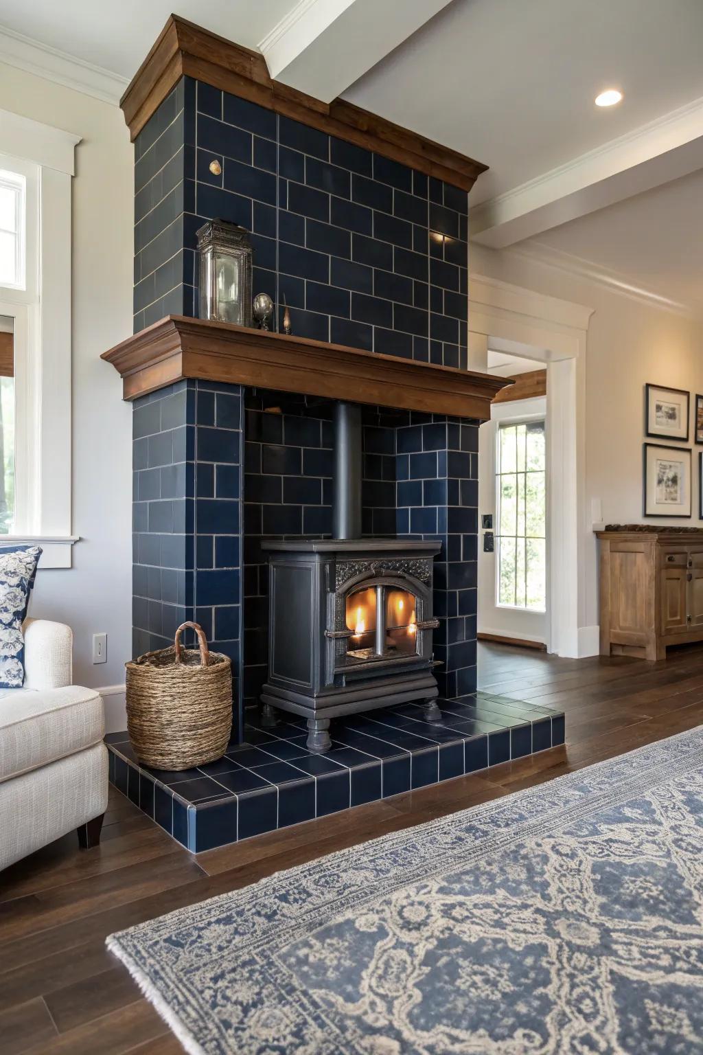 Dark tiles provide a dramatic and graceful setting for your wood burner.
