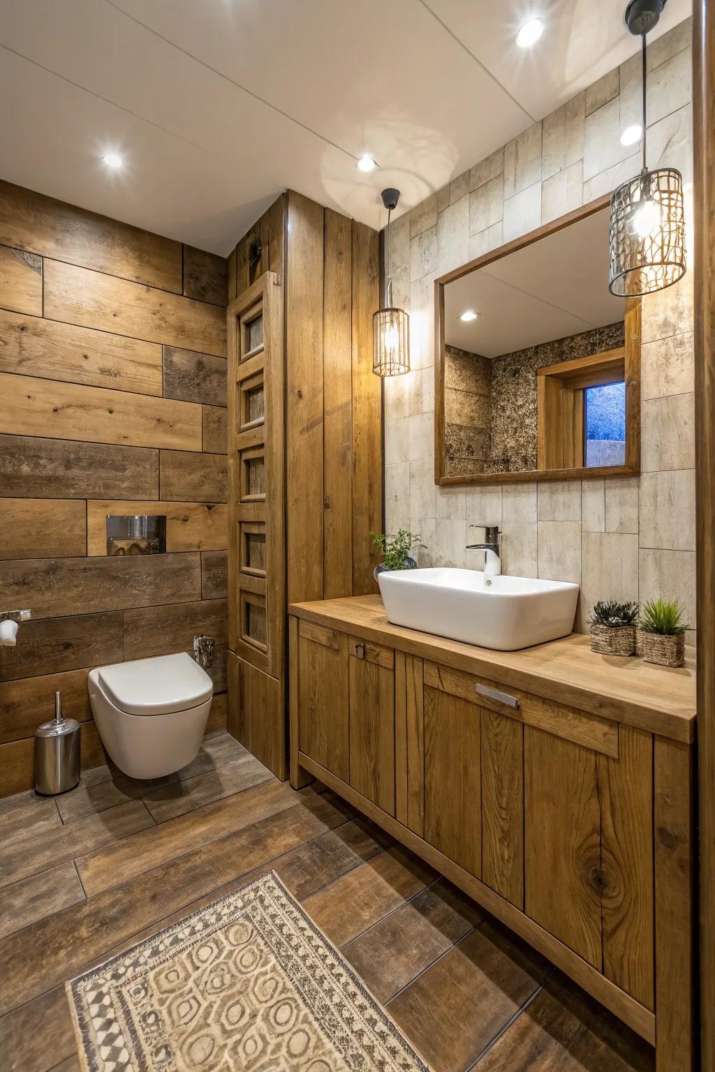 A bathroom with shaped wood tiles for a lasting finish.