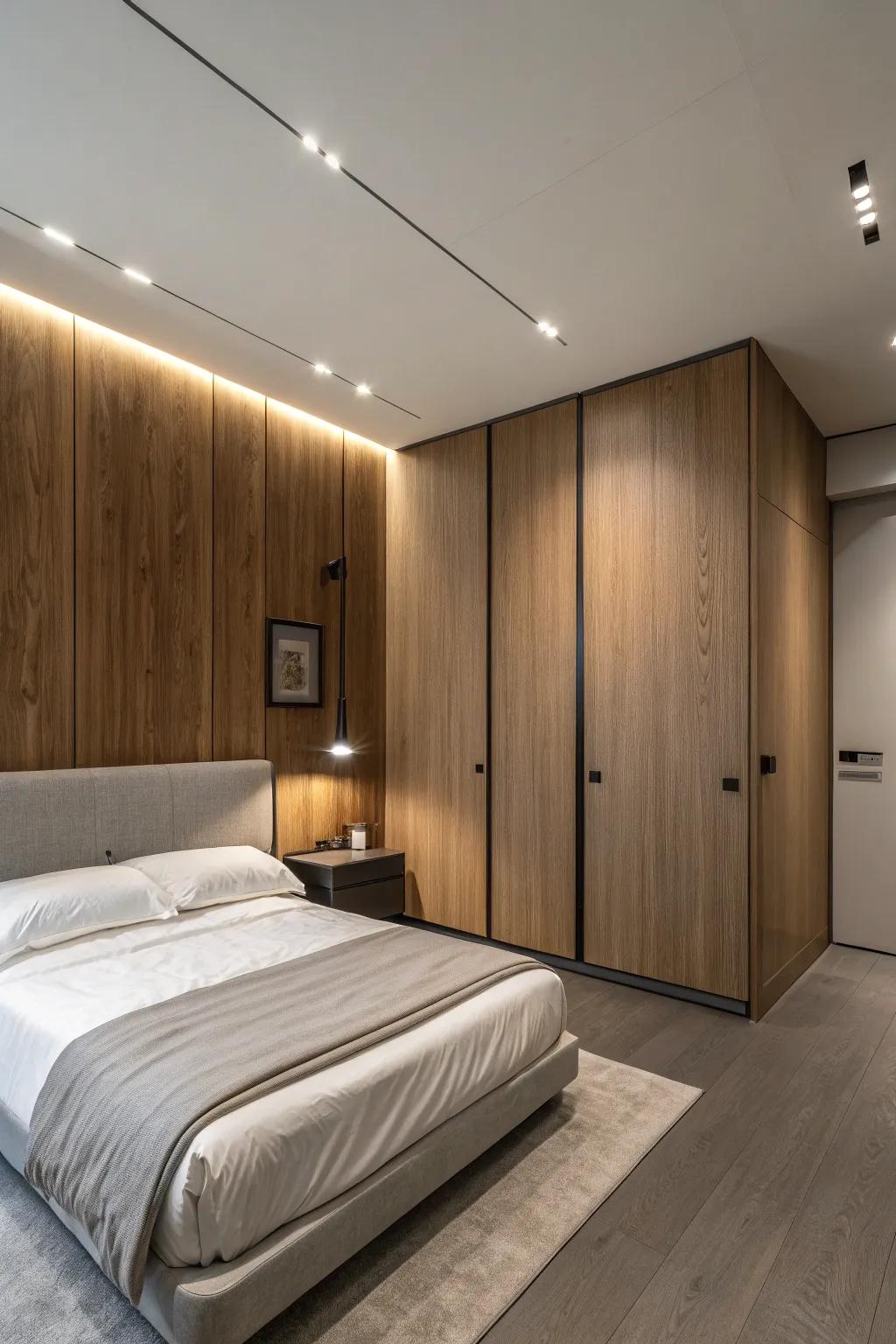 A minimalist bedroom featuring muted timber paneling.