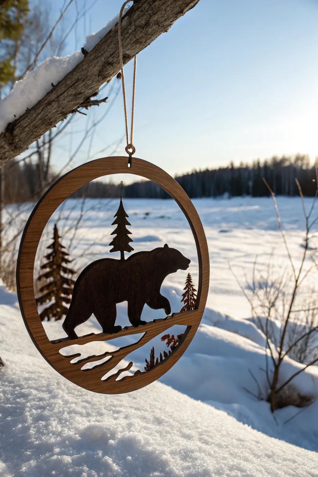 A bear outline lends a touch of whimsy to this wooden ornament.