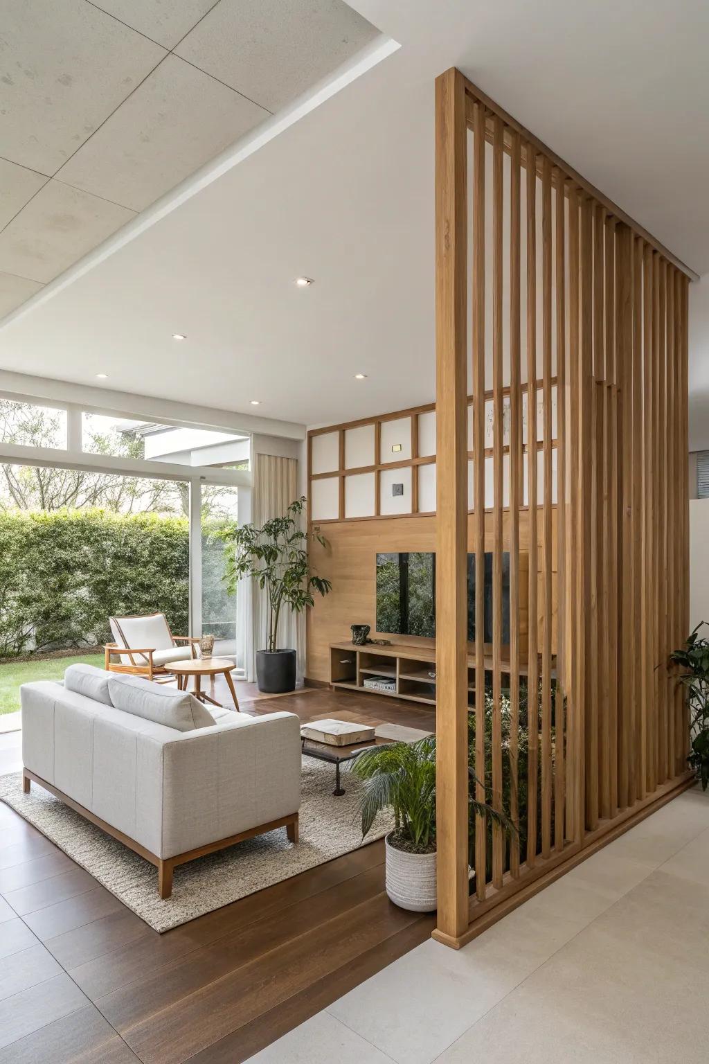 Earthy wood hues craft a cozy and welcoming ambiance in this minimalist space.