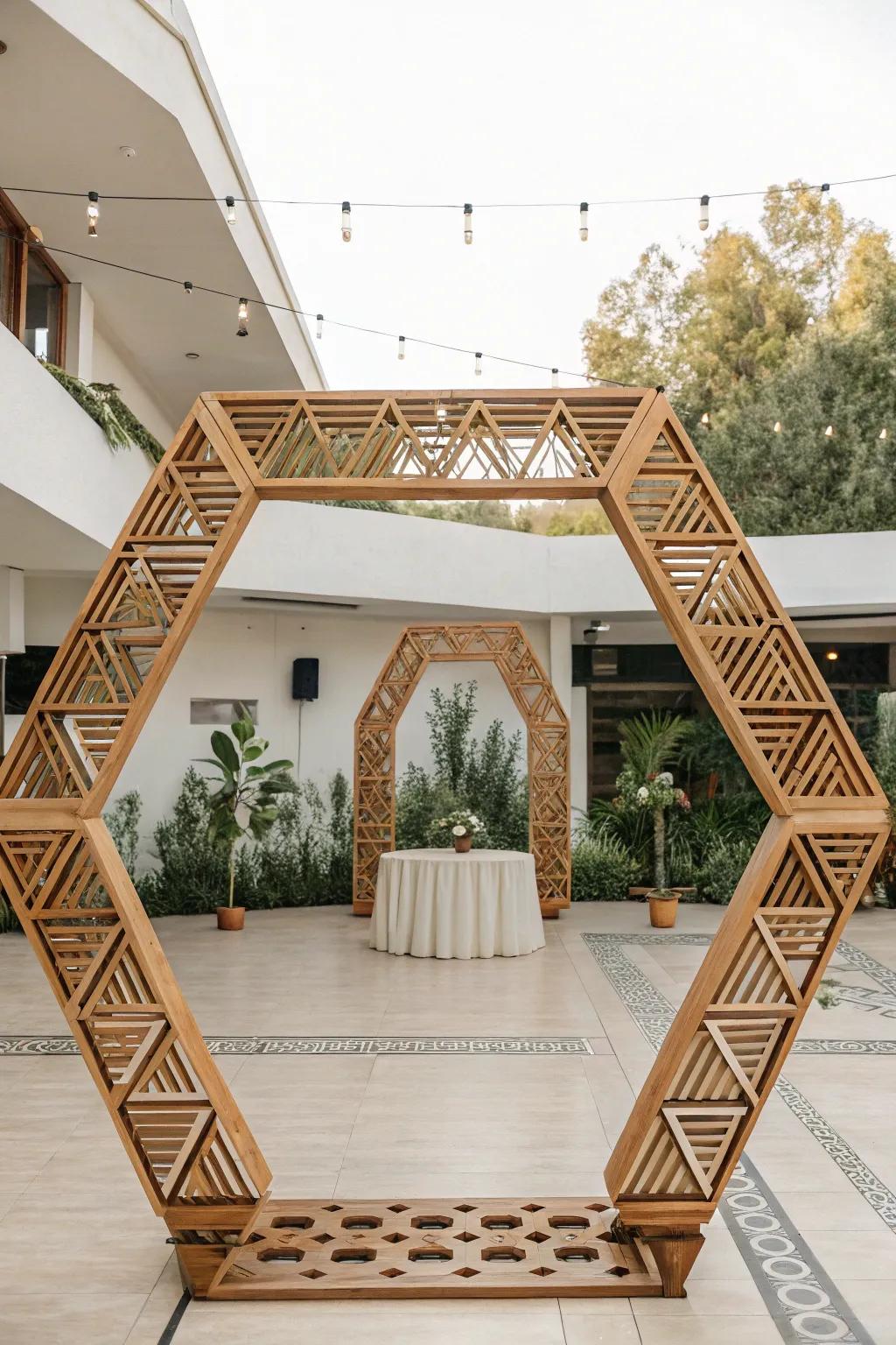 A geometric wooden arch gives a contemporary touch to your ceremony.