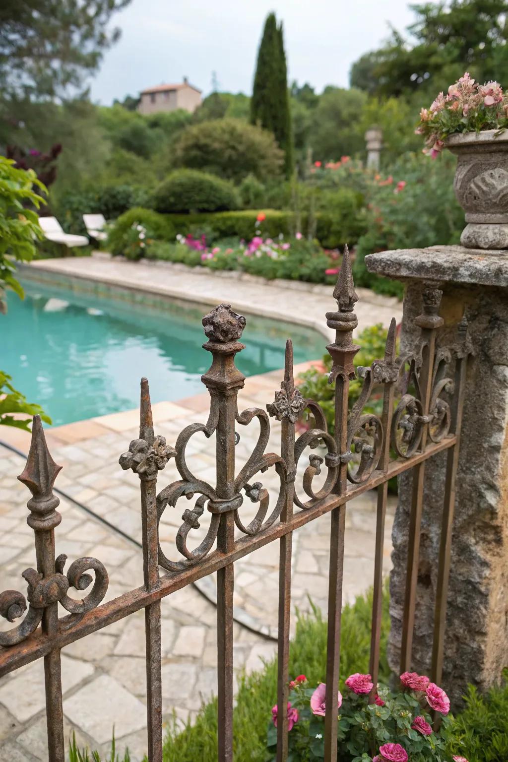 A vintage-style forged metal fence adds a nostalgic touch to this poolside.