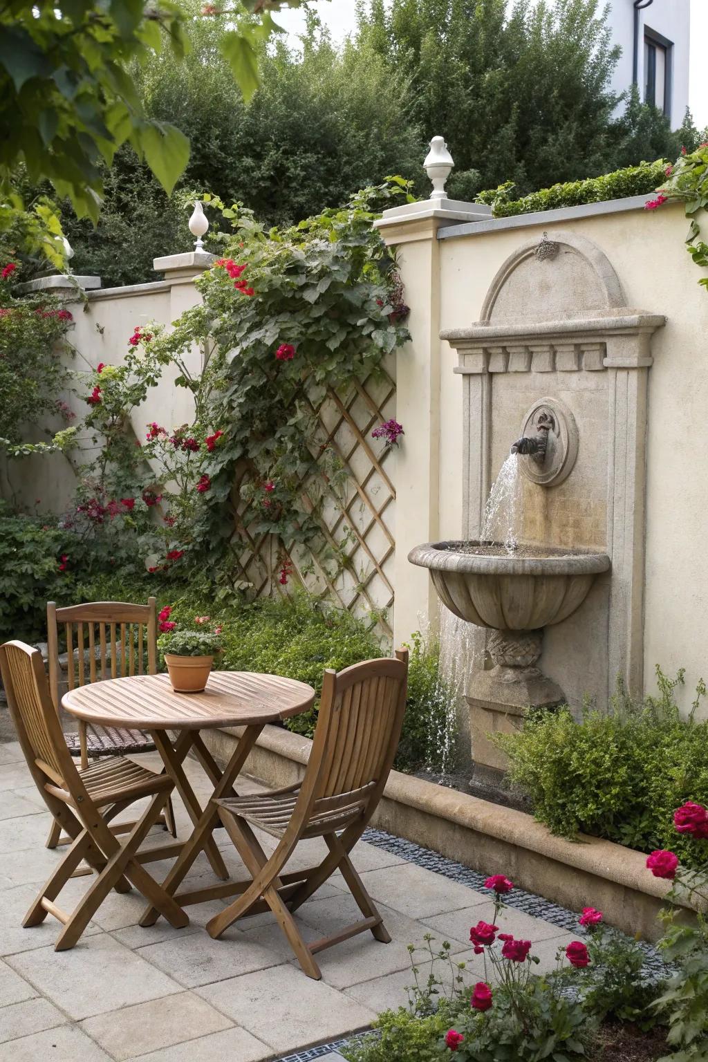 A wall-mounted fountain that saves space while adding a peaceful touch to the garden.