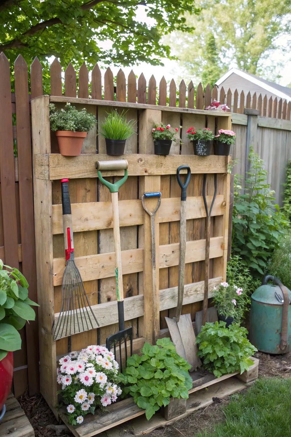 Repurposed skid tool storage creates rustic charm.