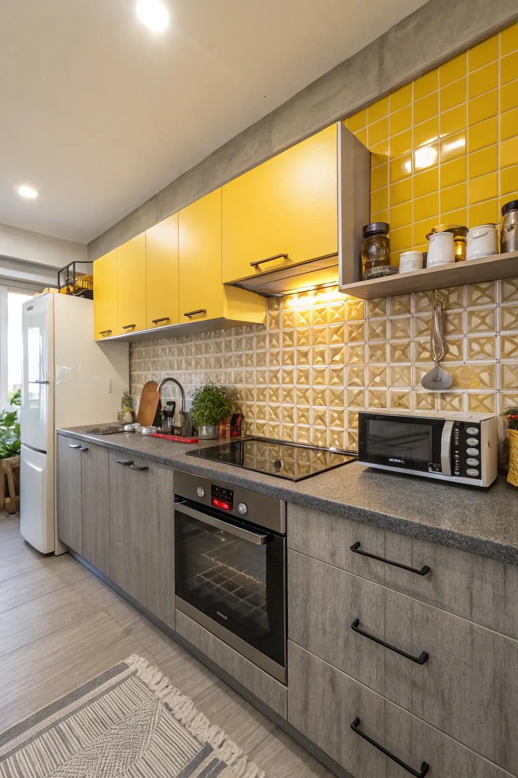 Gray counters perfectly complement the sunny goldenrod backsplash.