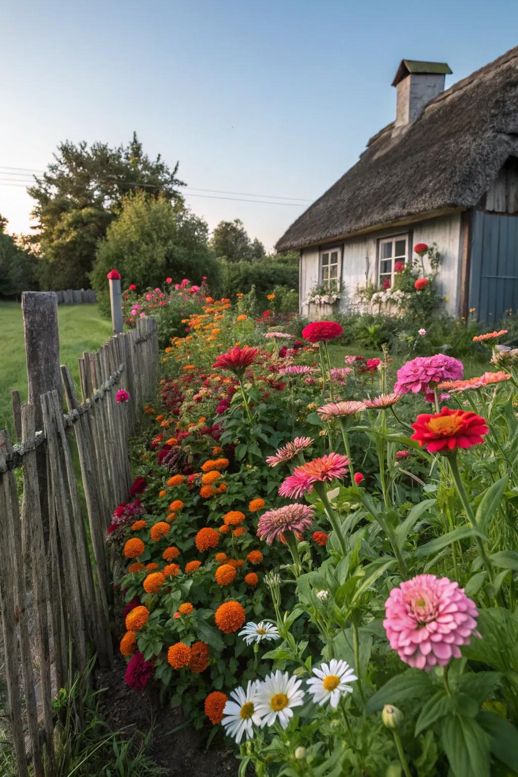 An enchanting country garden flourishing with zinnias, hollyhocks, and daisies.