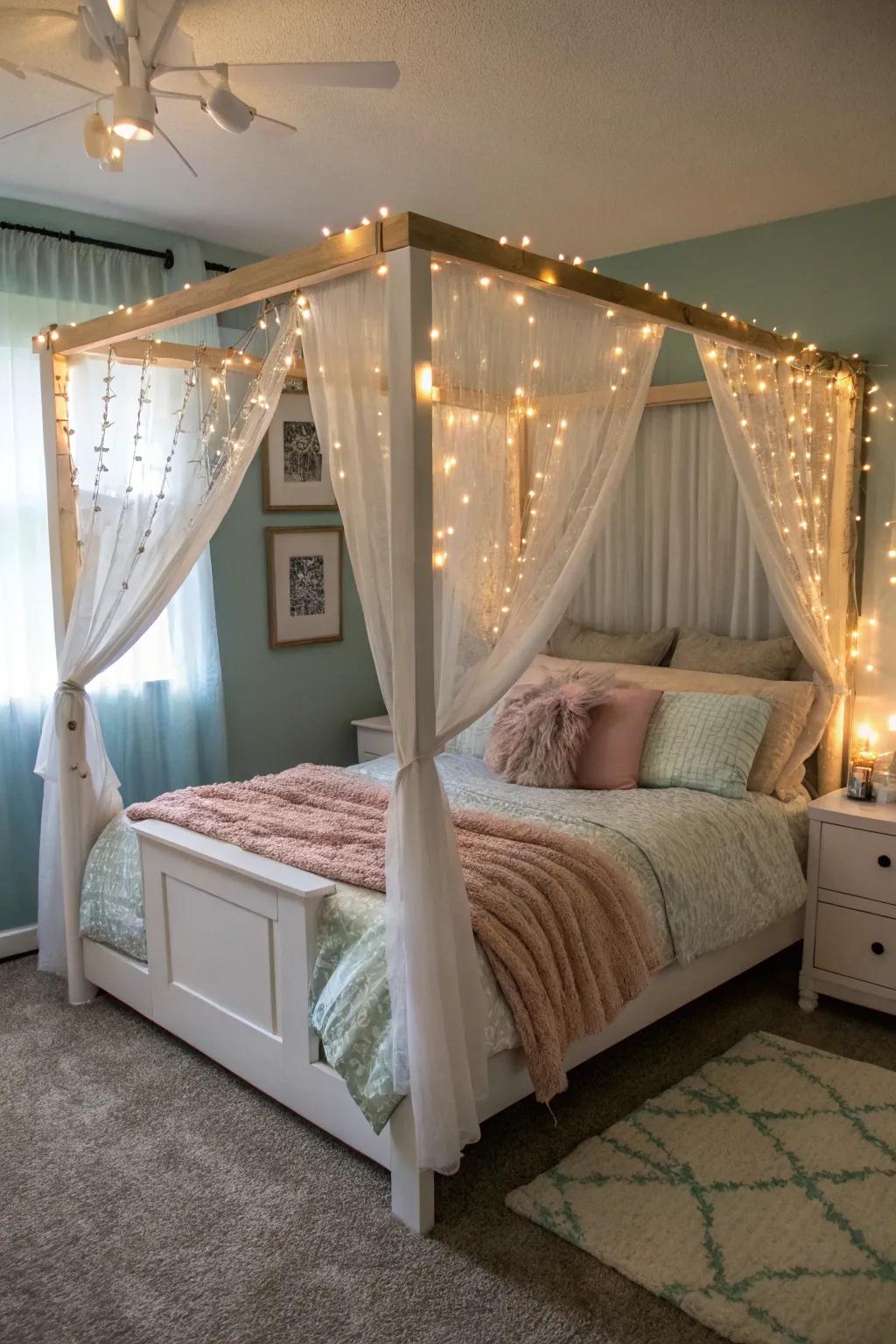 A cozy canopy ornamented with LED lights, creating a personal sanctuary sensation.