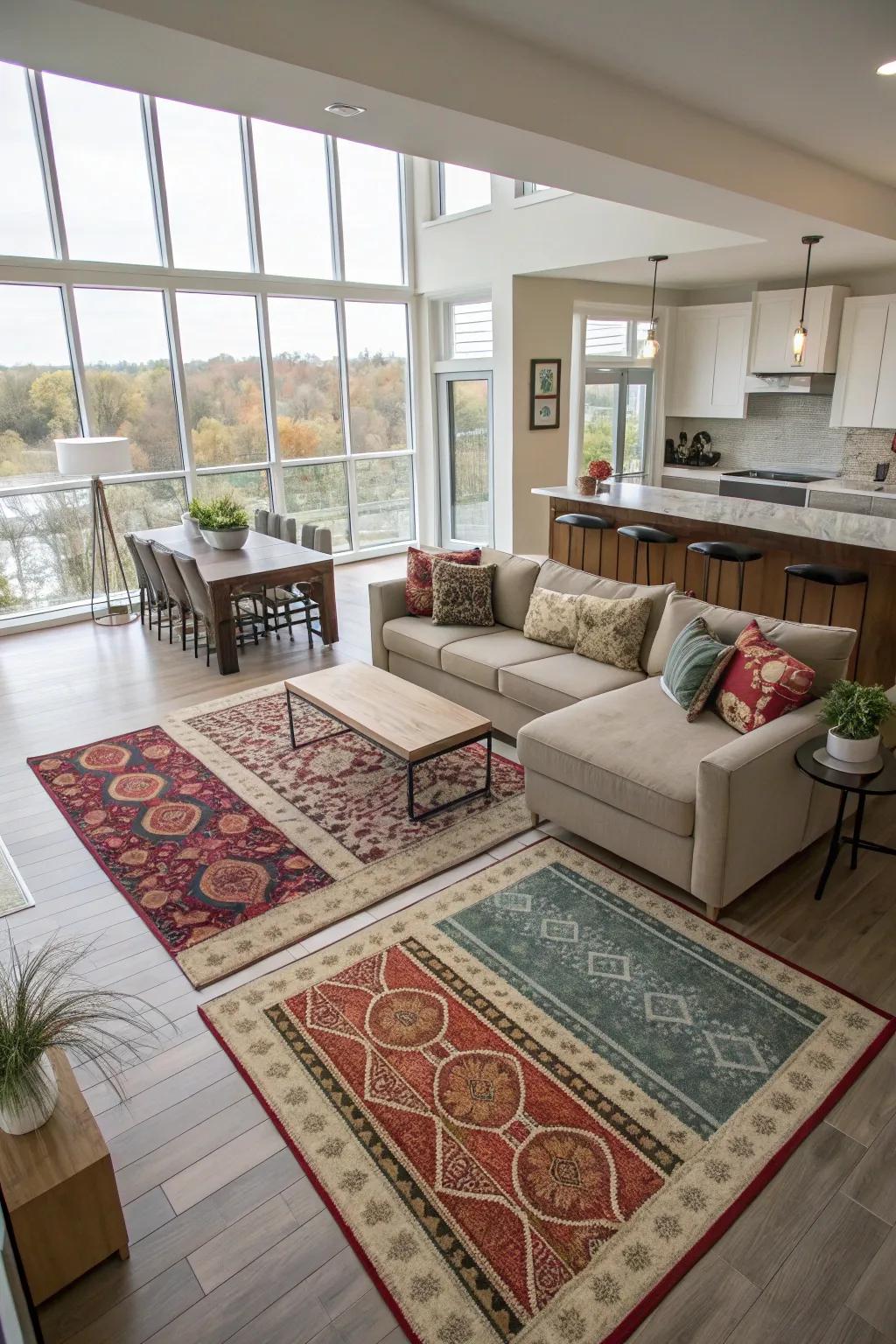 Floor coverings help establish distinct functional zones in open living areas.
