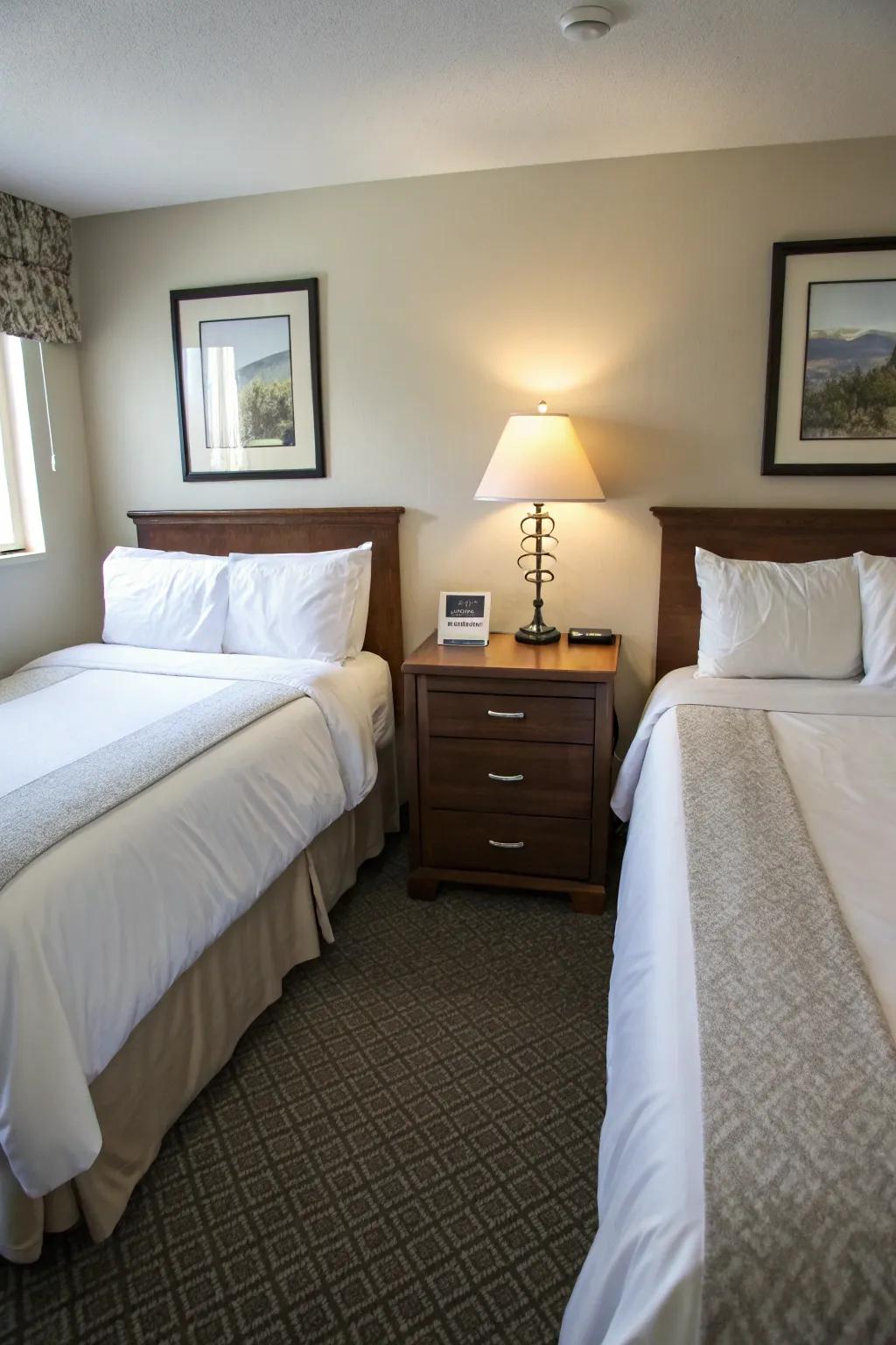 Aligned beds with central storage offer practicality and style.