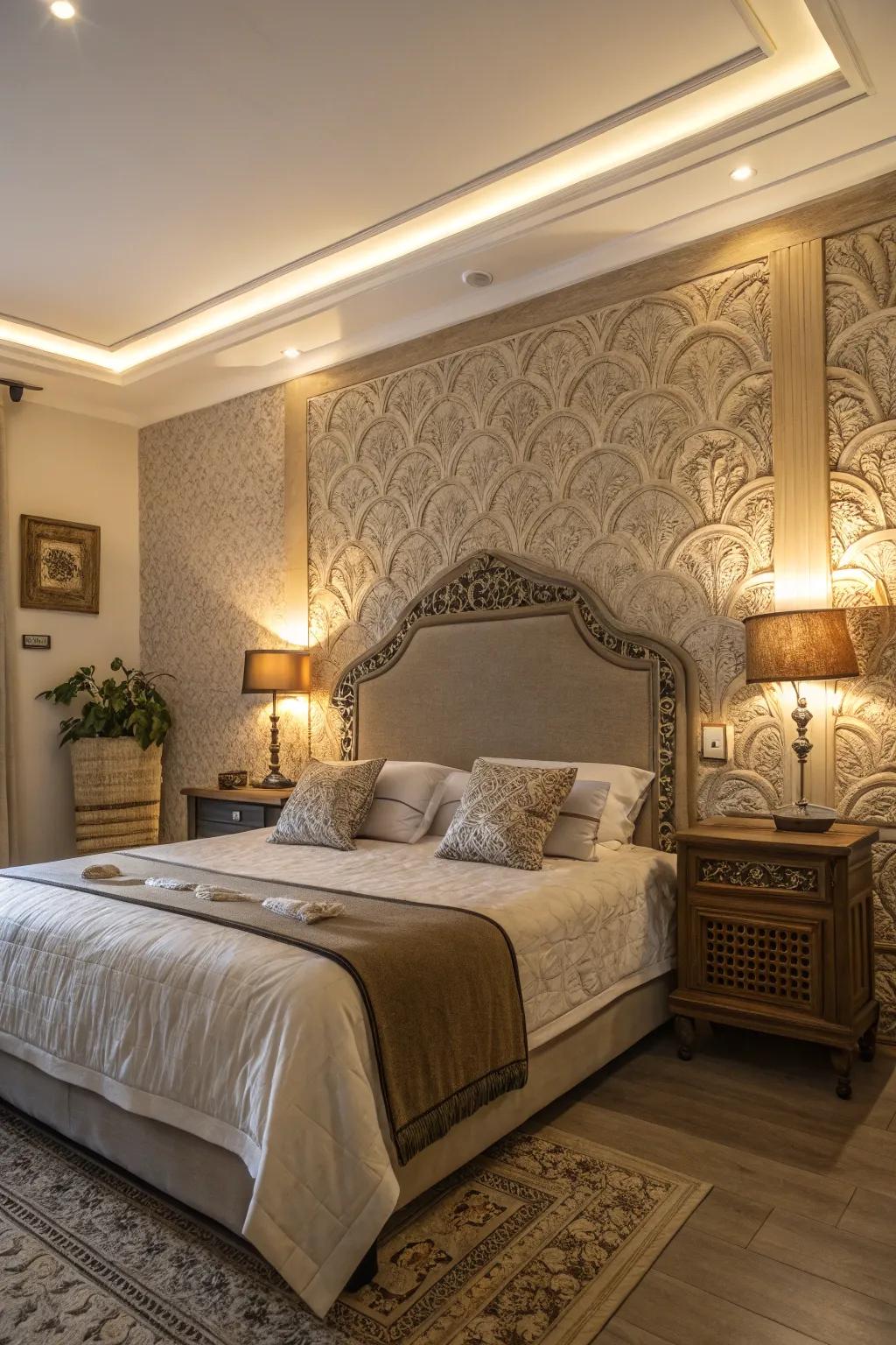 Textural walls and headboards enhance the cozy feel of bedrooms.