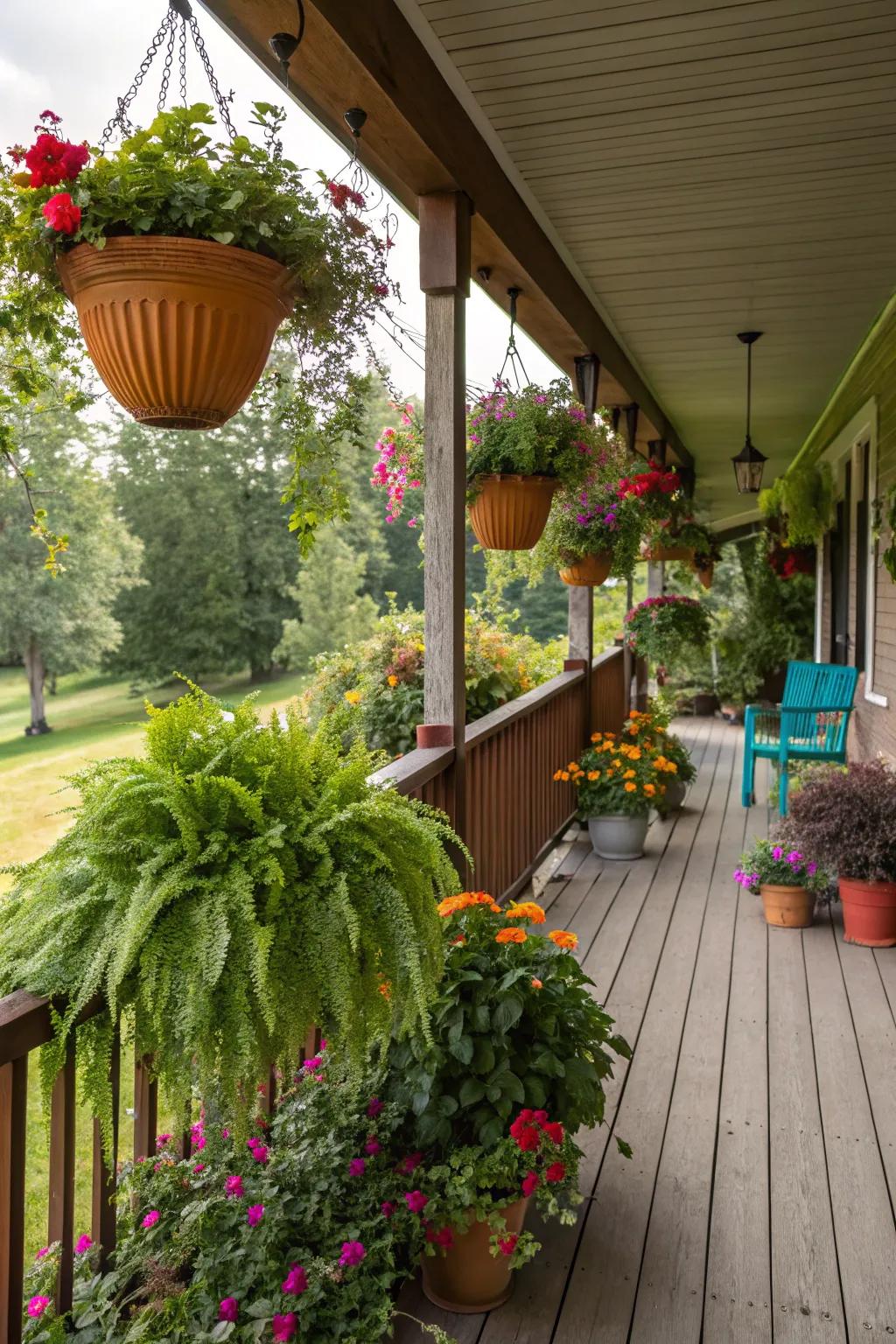 Lush greenery enhancing the porch's organic feel.