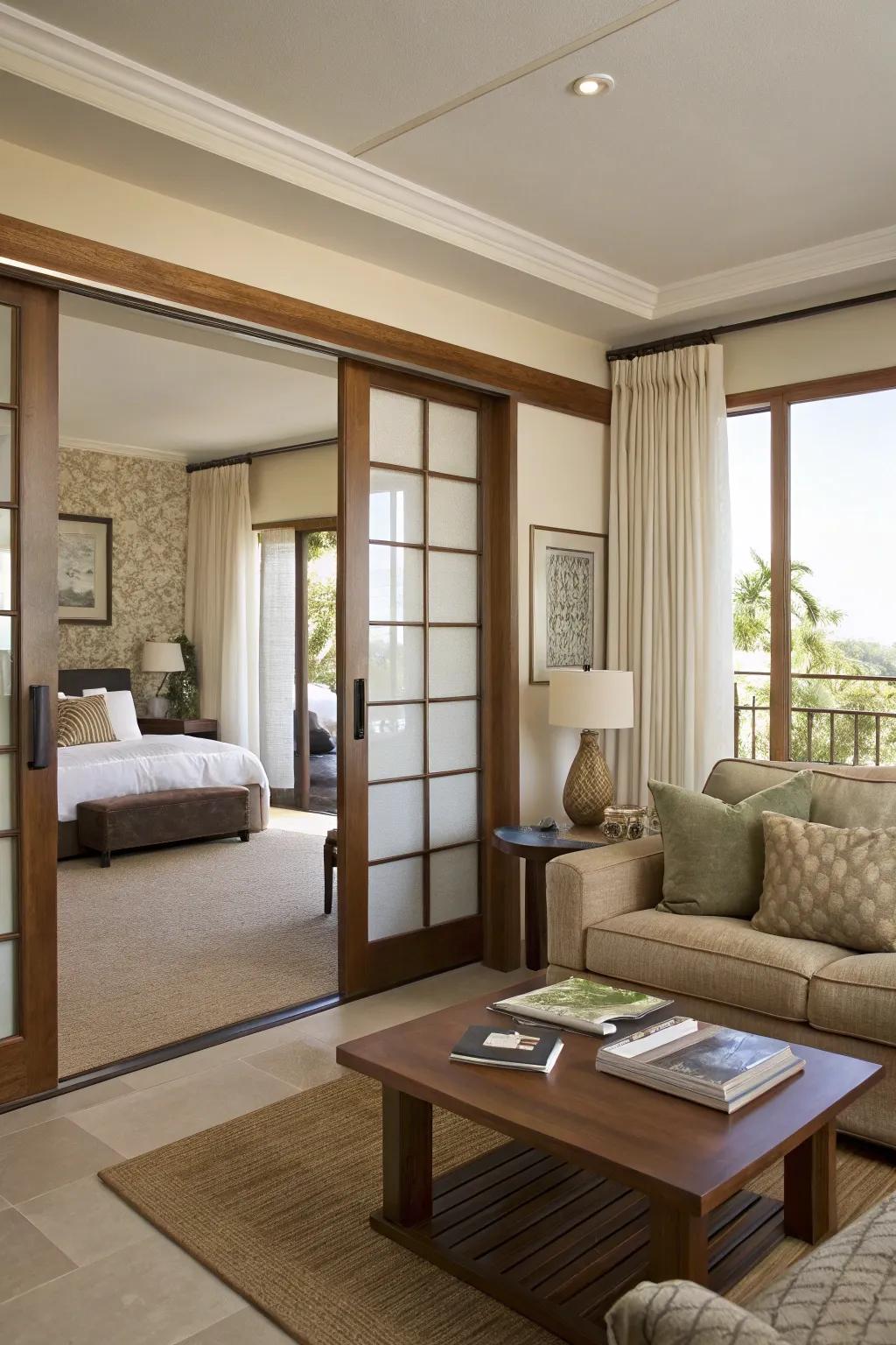 The use of sliding doors saves space and improves the flow of the room.