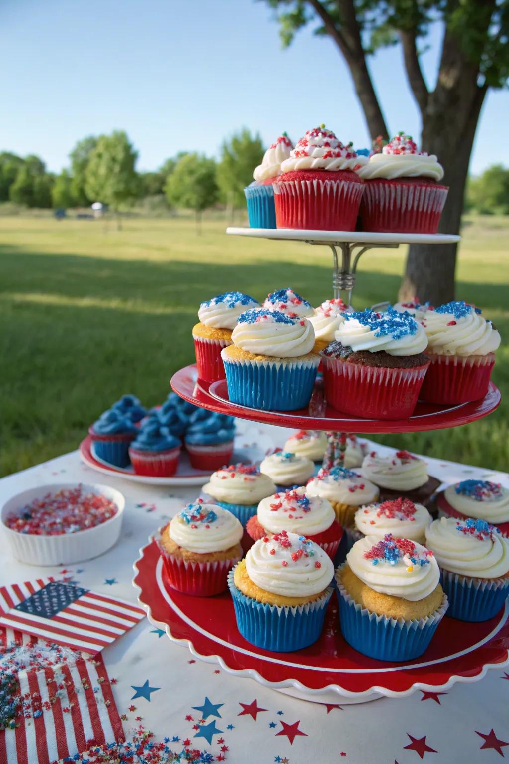 A festive display of patriotic cupcakes adds sweetness to the celebration.