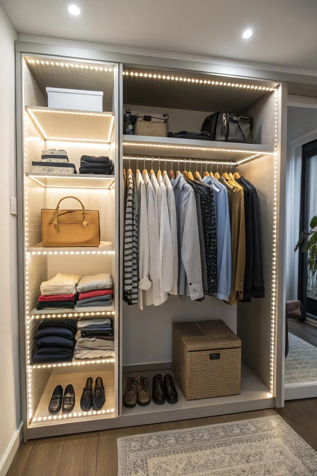 Illumination transforms a closet from dim to dazzling.