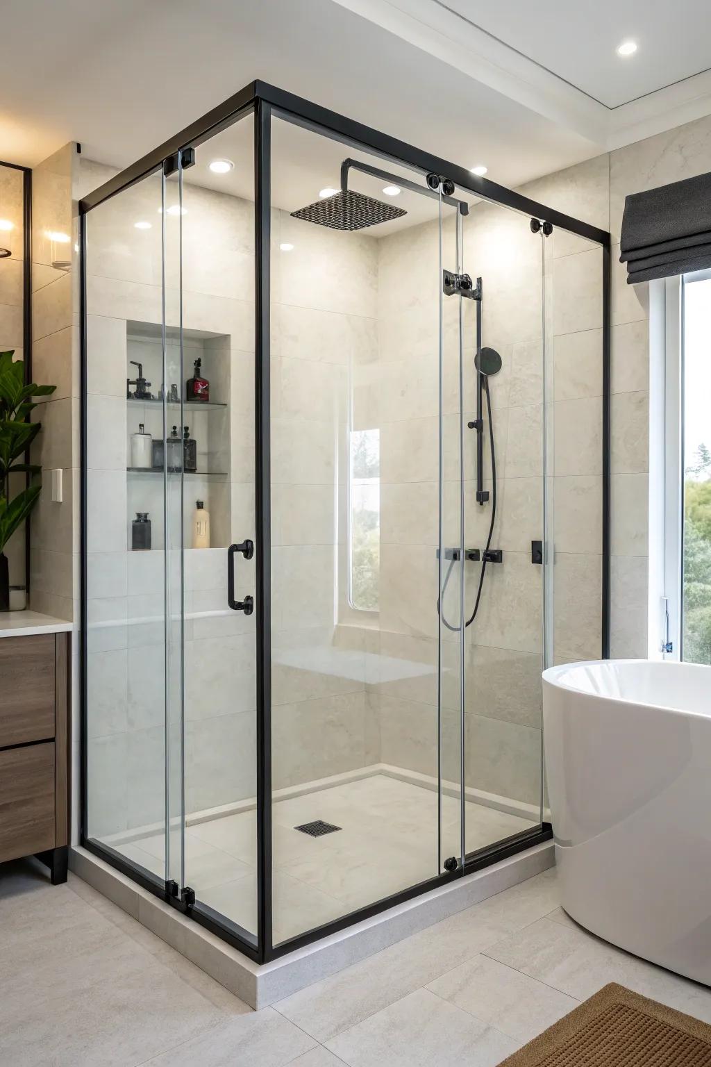 A sheer tone barrier imparts depth and class to a restricted bathroom space.