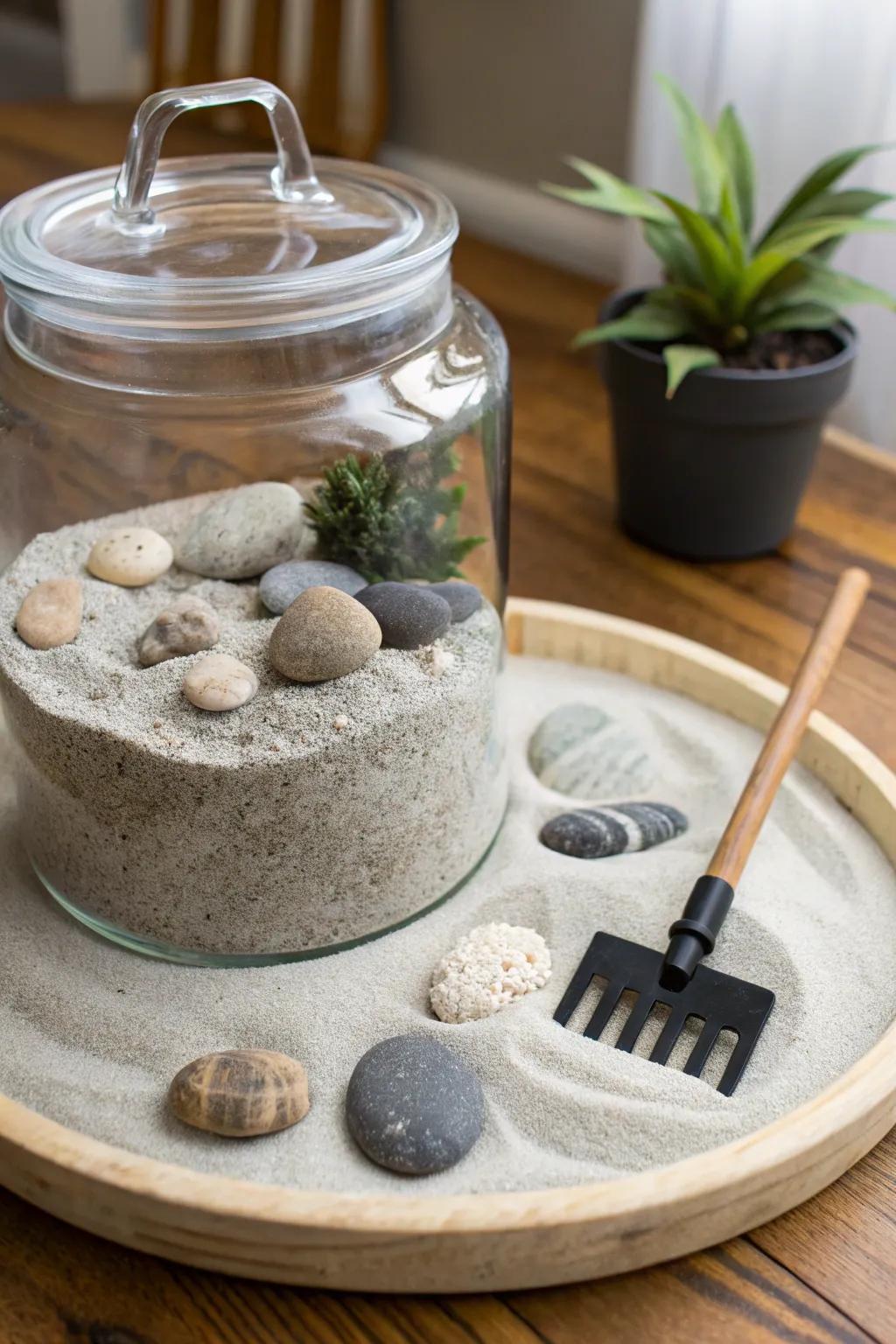 A calming peaceful garden terrarium with sand and stones.