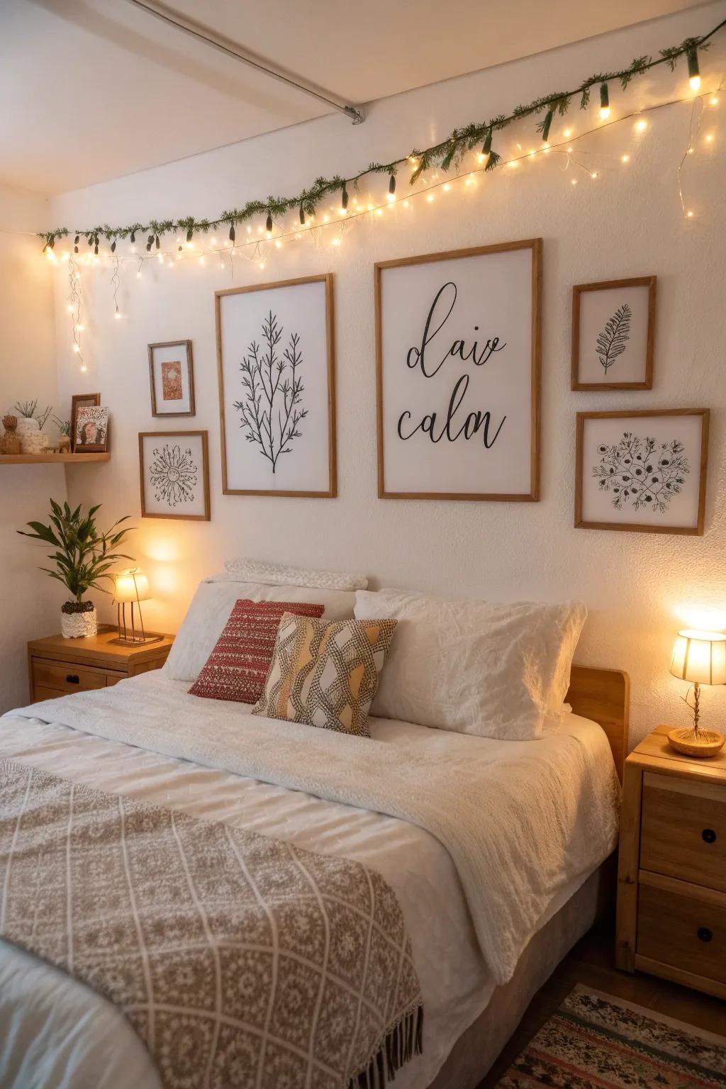 Uplifting sayings above the bed provide daily motivation.