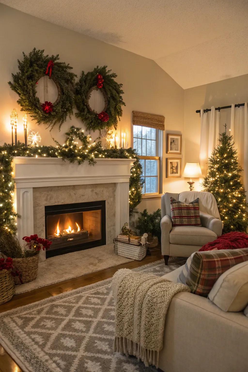 Seasonal decorations above the fireplace make the space welcoming and joyful.