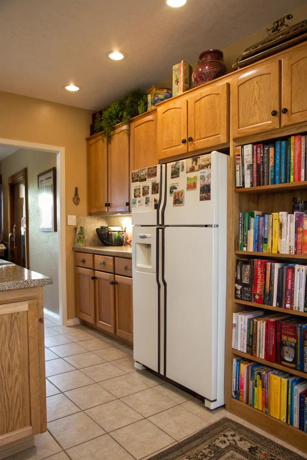 Put your cookbooks away over the refrigerator for easy access.