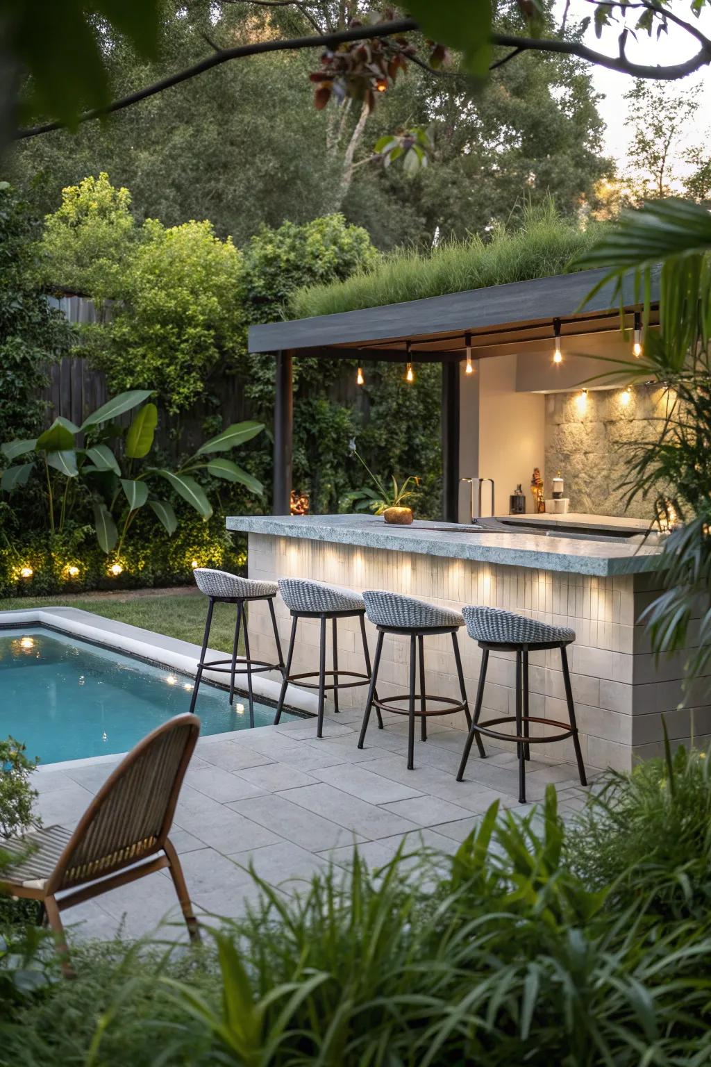 Comfortable seating enhances the joy of your poolside bar.