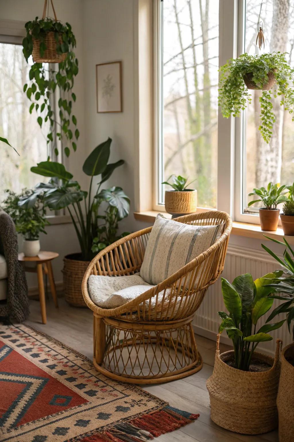 A woven straw chair paired with plants brings natural warmth.