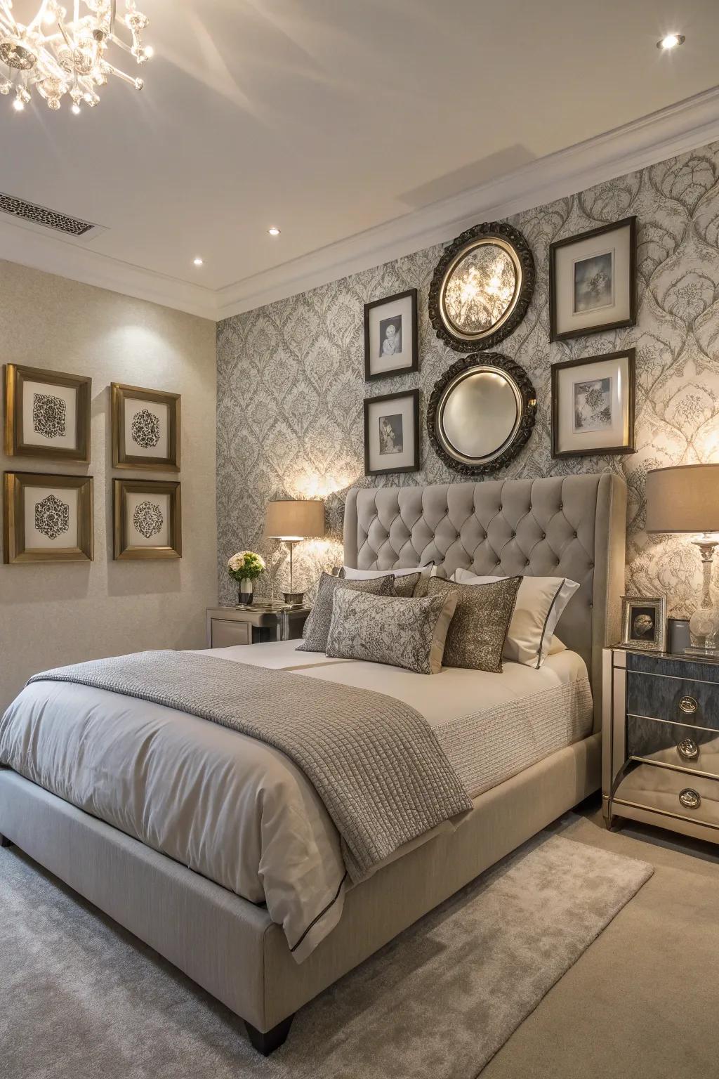 Art and mirrors enhance the accent wall, bringing character to the bedroom.