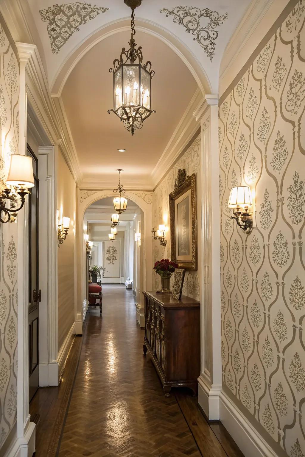 An entry hall displaying an elegant patterned template accent wall.