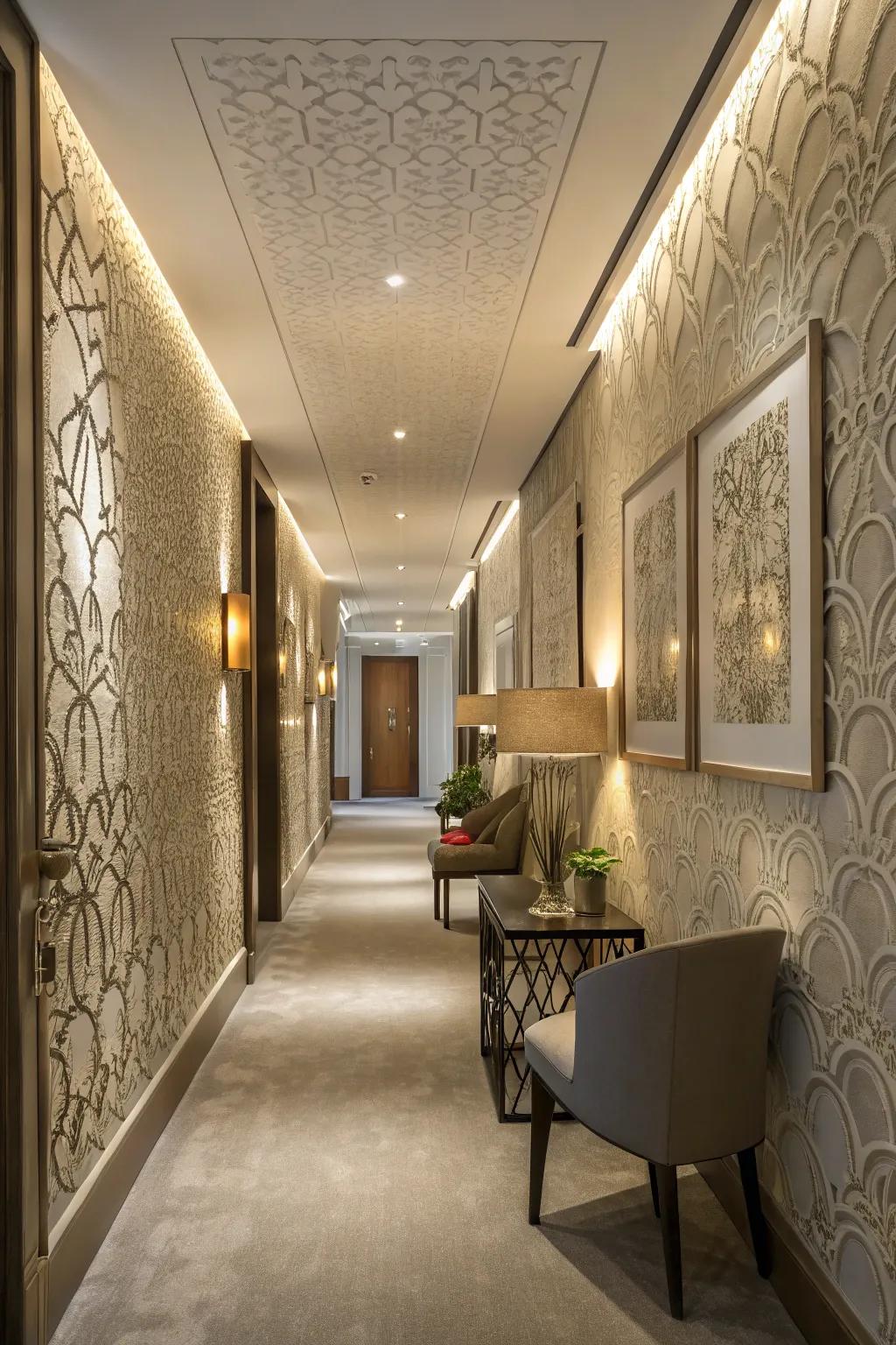 Textured wallpaper adds depth and character to a contemporary hallway.