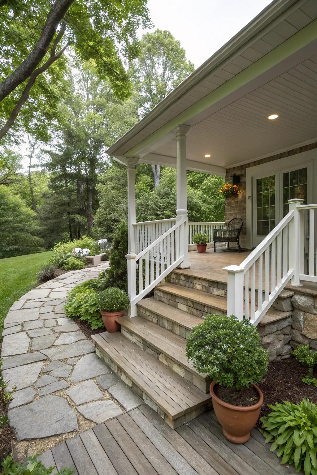 A country porch featuring natural resources for a harmonious appearance.